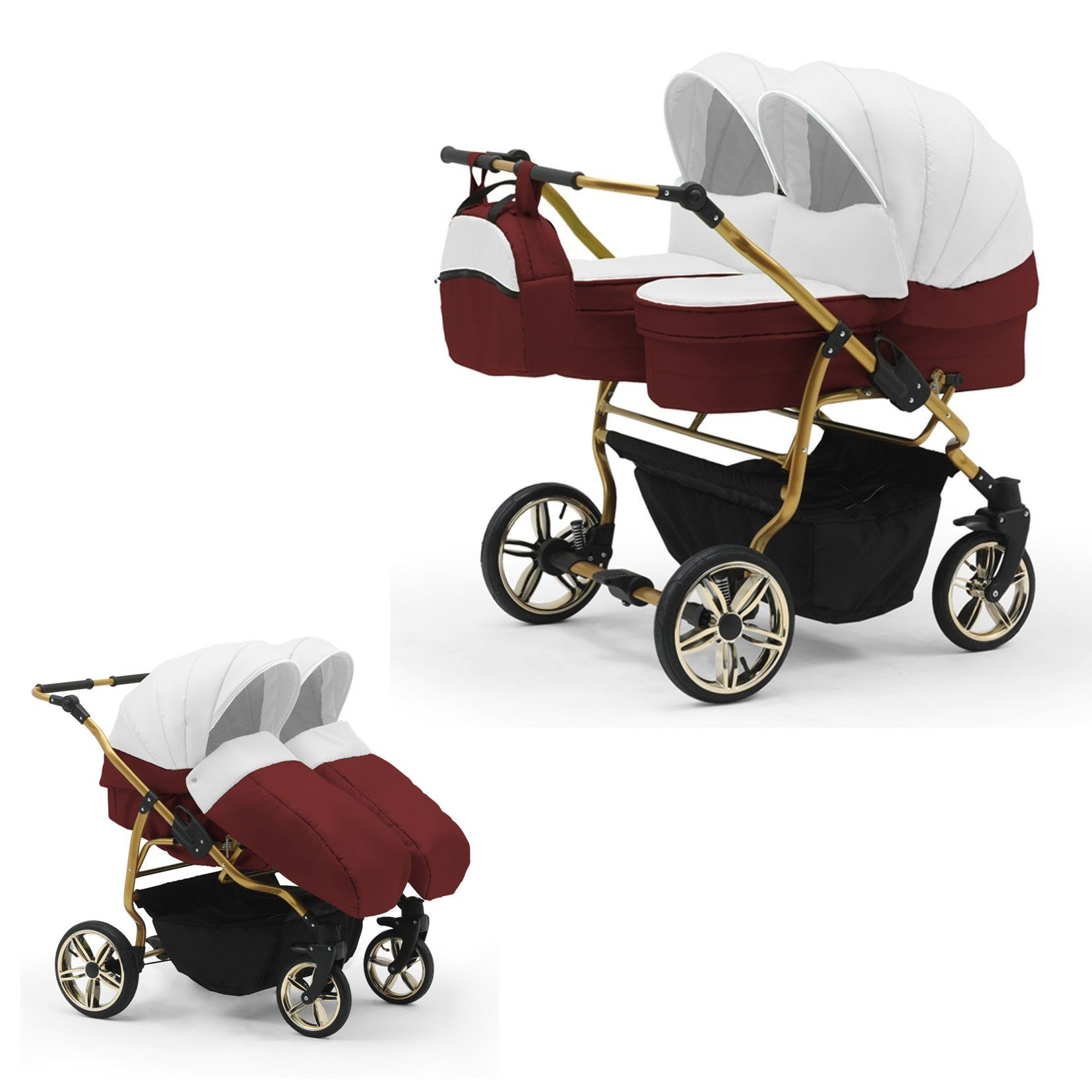 babies-on-wheels Zwillingswagen Zwillingskinderwagen 2 in 1 Duet Lux - 10 Teile - in 33 Farben Weiß-Bordeaux