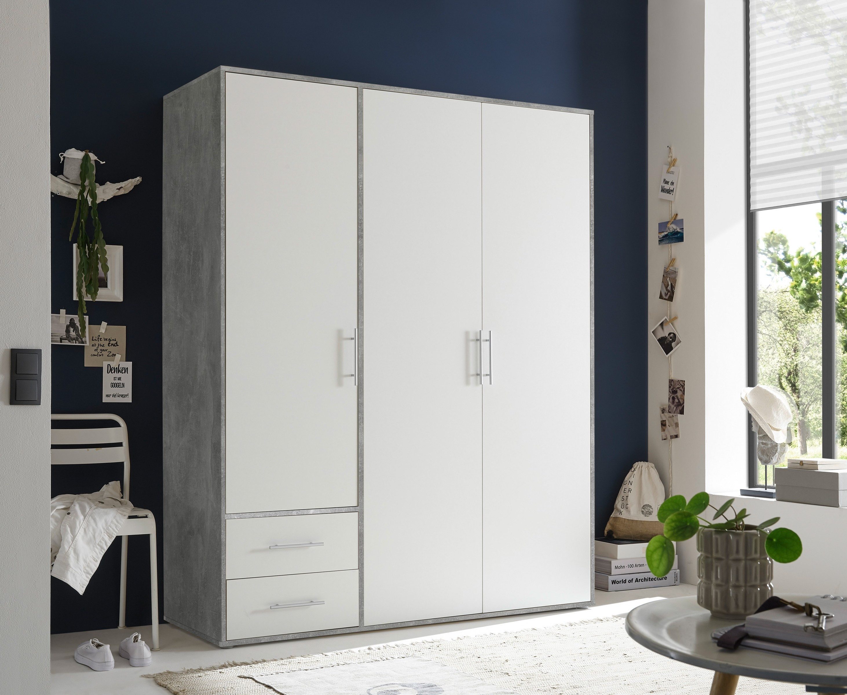 möbelando Kleiderschrank in Beton Optik / Weiß mit 2 Schubladen und 3 Türen (BxHxT: 155x195x60 cm)