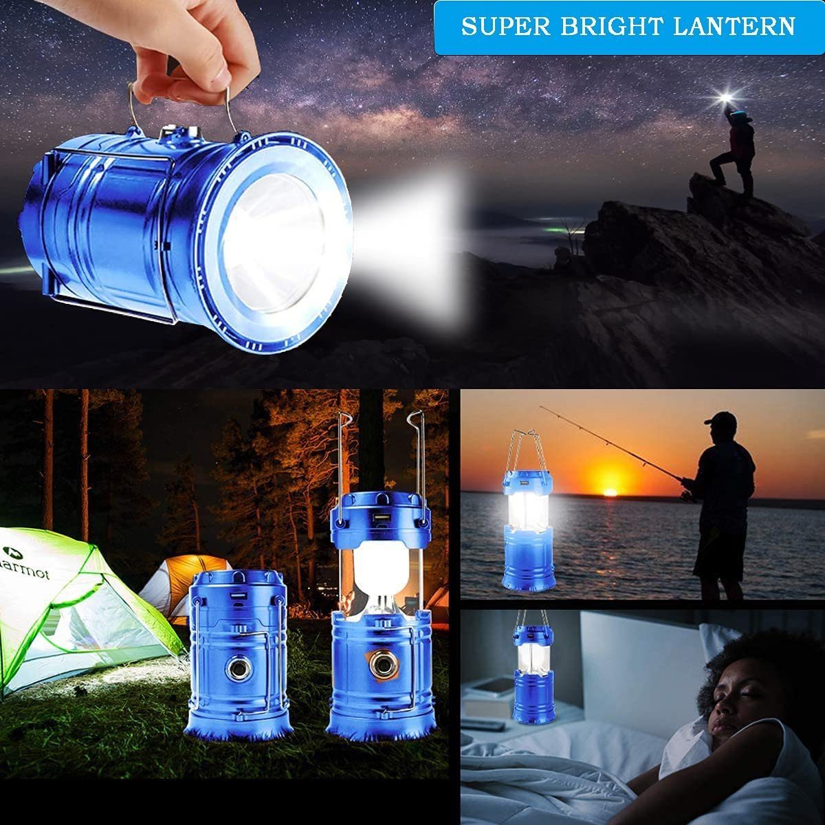 Mutifunktionierte wiederaufladbare 1200 Campinglampe und Powerbank Camping Solar LED Laterne Laterne,USB Blau mah mit LED Lampe, XDeer