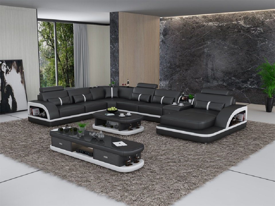 JVmoebel Ecksofa, Ledersofa Ecksofa Polster U Form Couch Sofa Design Ecke Sofas Schwarz/Weiß