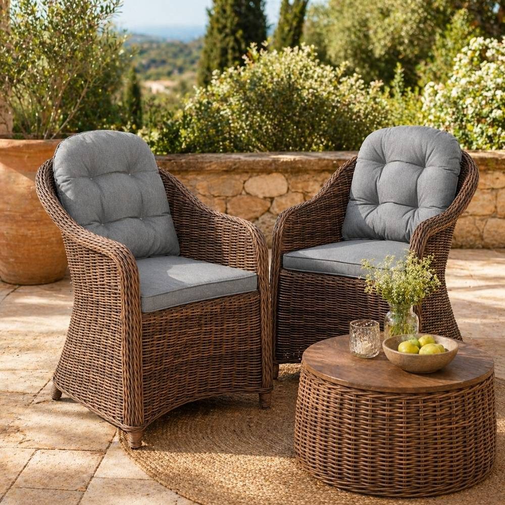 LebensWohnArt Gartenstuhl 2er Set Sessel BELLA rundes Polyrattan Natural-Brown Gartenstuhl