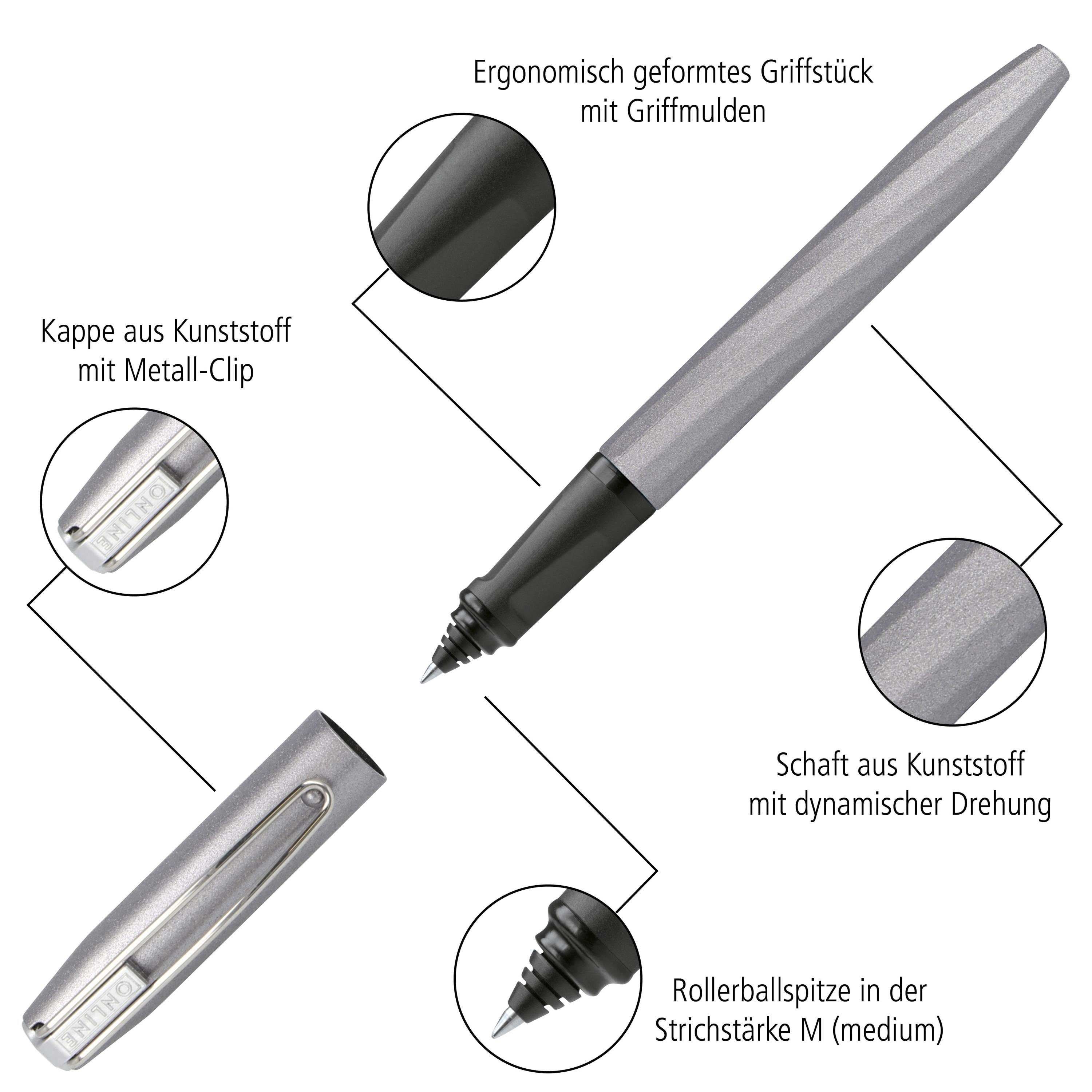 inkl. die Schule, ideal für ergonomisch, Tintenroller Pen Online Grau Slope, Tintenpatrone