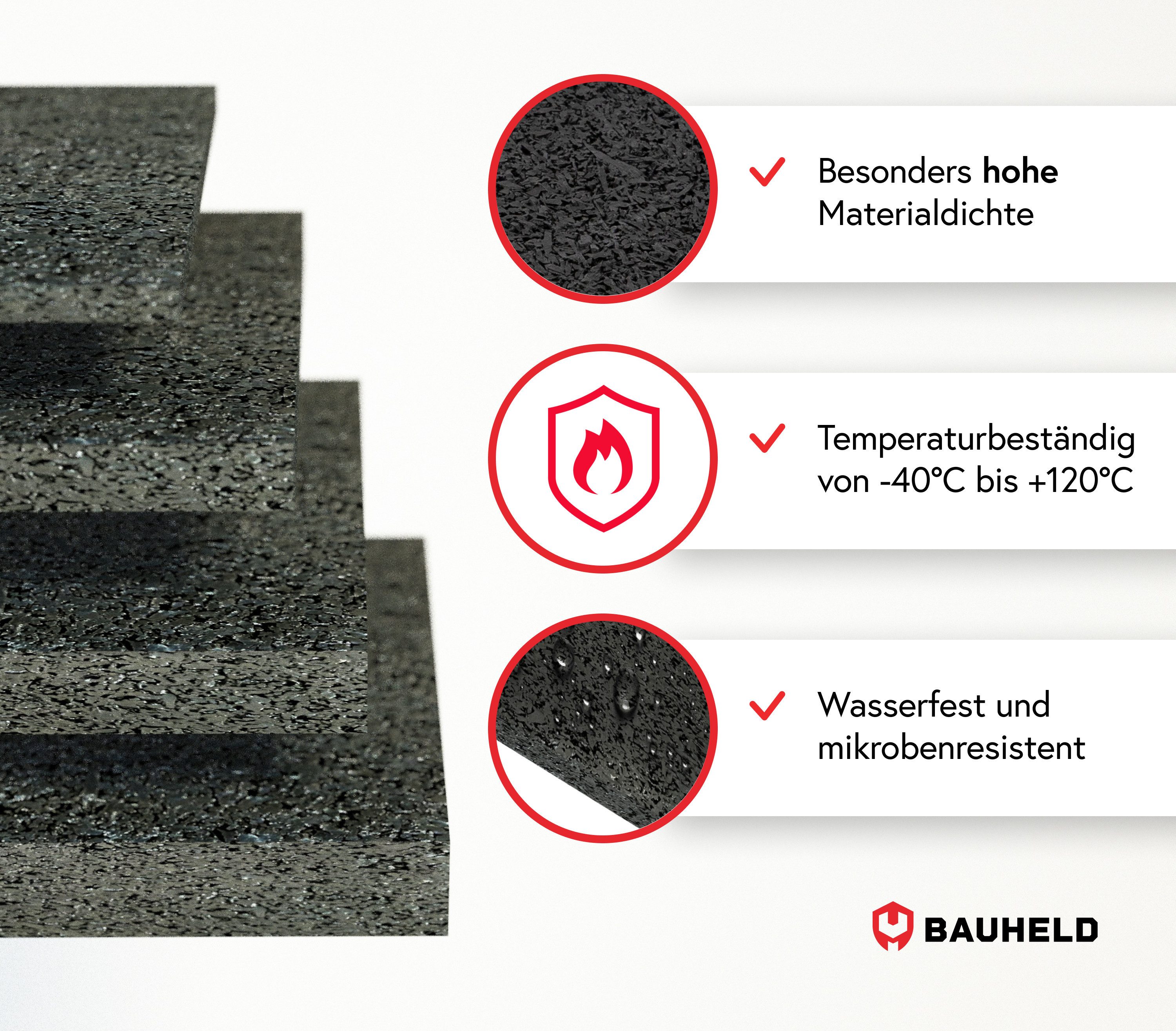 BAUHELD Terrassendielen Bautenschutzmatte, (Made in Germany] Terrassenpads aus 100% recyceltem Gummigranulat, 30-St., Für Terrassenplatten, Terrassenboden, Balkonfliesen), Terrassenfliesen aus Holz oder WPC, Garten, Poolunterlage