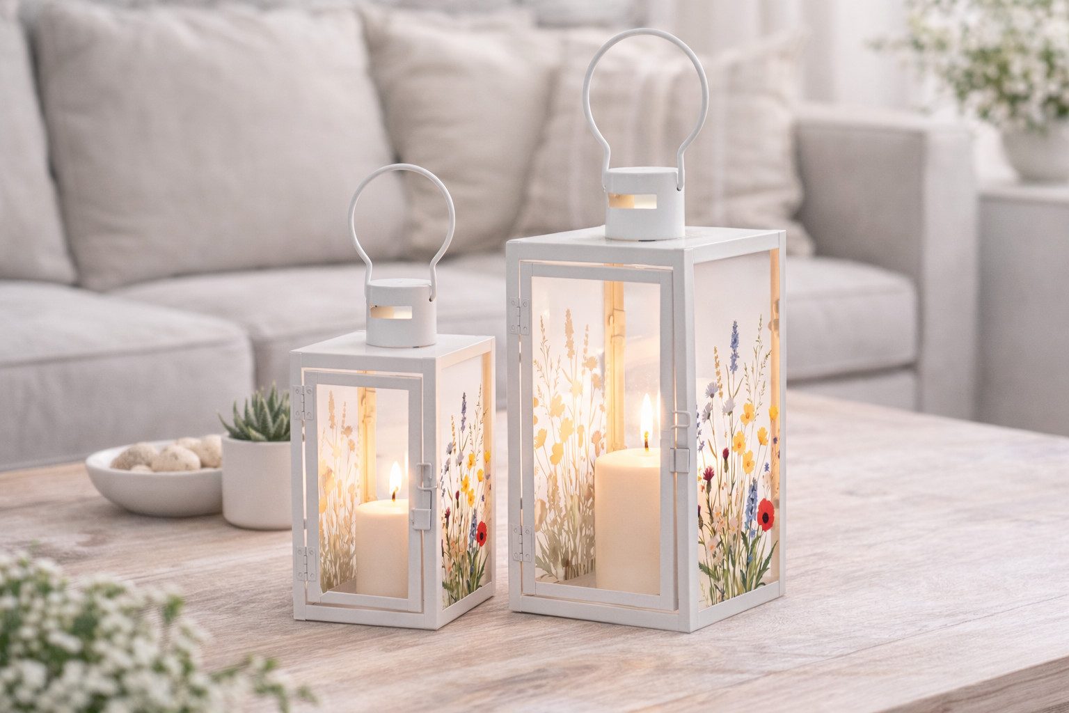 finehomegarden Kerzenlaterne Laterne mit Blütenmotiv Weiß Dekorative Garten- & Wohnlaterne Deko (1 St), aus Metall & Glas für Kerzen H24cm & H34cm 2Größen wählbar