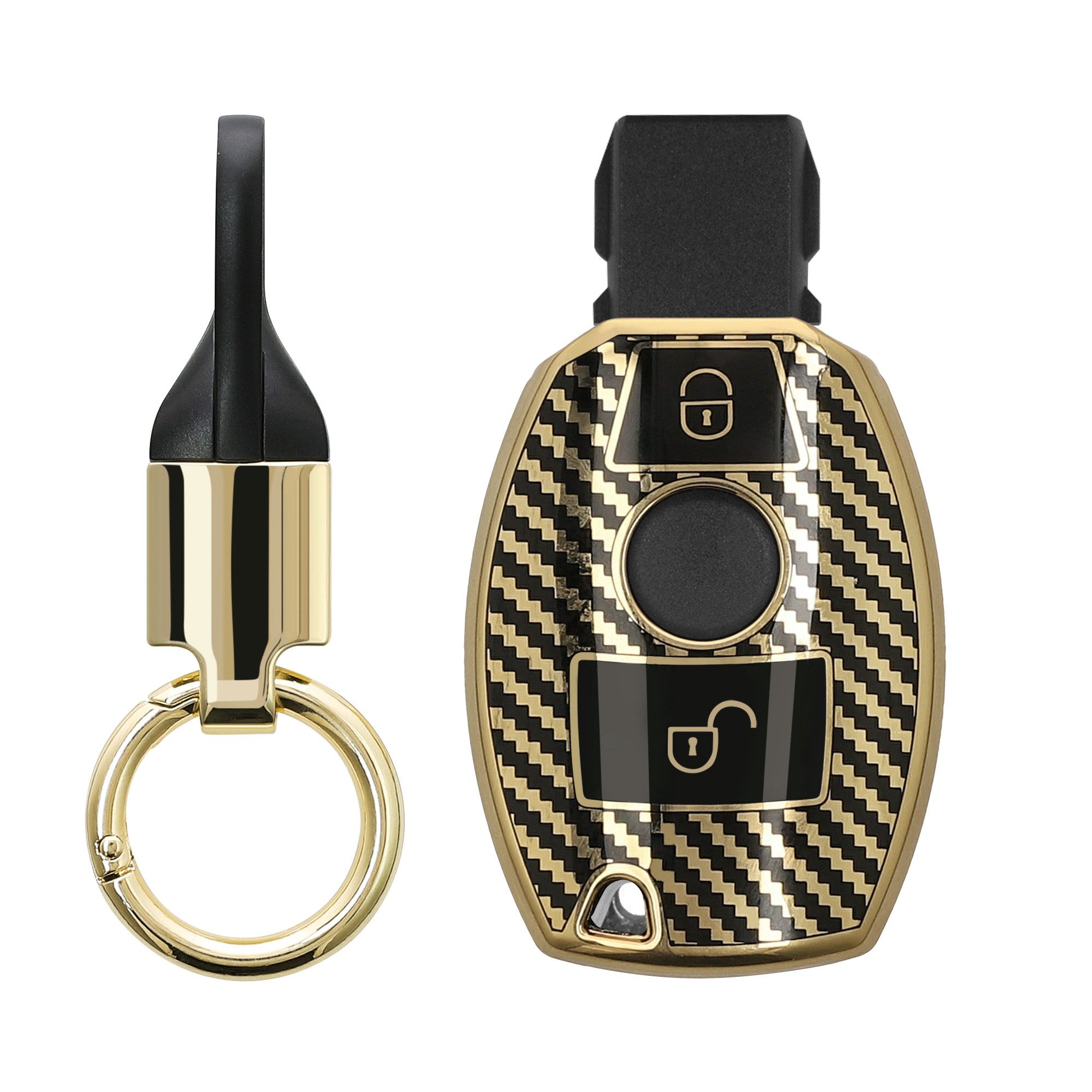 kwmobile Schlüsseltasche Hülle für Mercedes Benz 2-Tasten Autoschlüssel (nur Keyless Go) (1-tlg), Schlüsselhülle mit Key Ring Anhänger - Cover Gold Schwarz