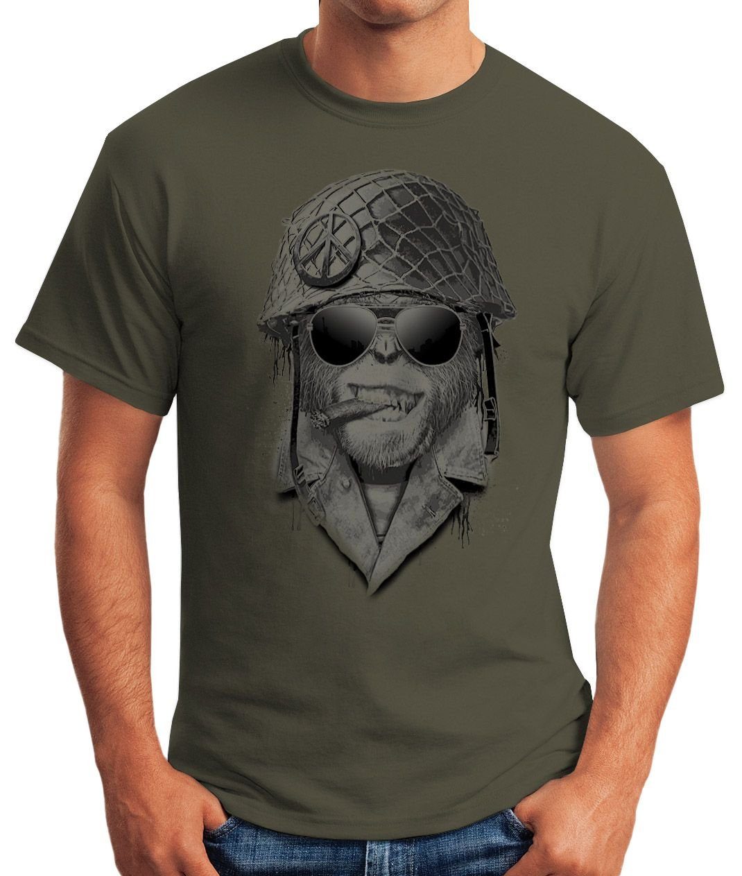 Print Helmet grün Print-Shirt Fun-Shirt mit T-Shirt Moonworks® MoonWorks Herren Gorilla