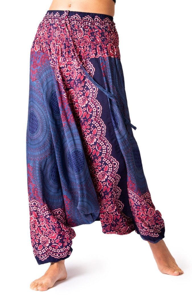 PANASIAM Haremshose Aladinhose im schönen Peacock Design Haremshose aus 100% natürlicher Viskose auch als Overall tragbar Damen Pumphose bequeme Freizeithose