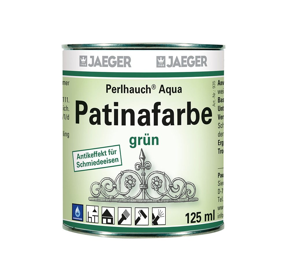 Jaegerlacke Metallglanzfarbe Perlhauch Aqua Patinafarbe 935 grün 125 ml, für Kunstschmiedearbeiten, wasserverdünnbar, leicht zu verarbeiten, schnell trocknend