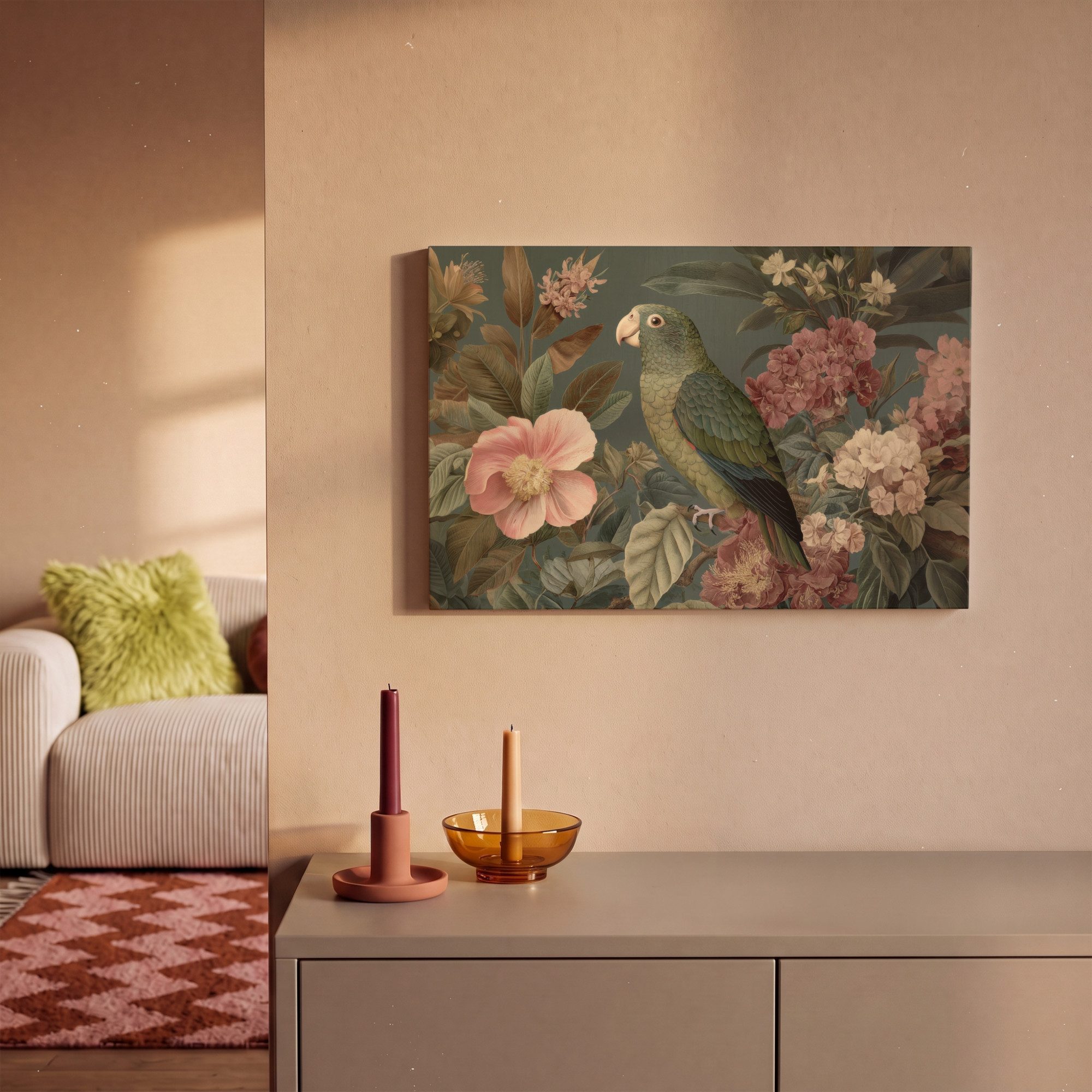 OneMillionCanvasses® Leinwandbild Grüner Papagei - Bunte Blumen - Dunkler Hintergrund, Fotodruck (1 St), Wandbild, Deko Schlafzimmer Wohnzimmer Flur 20x20 cm – Bild 2 von 5