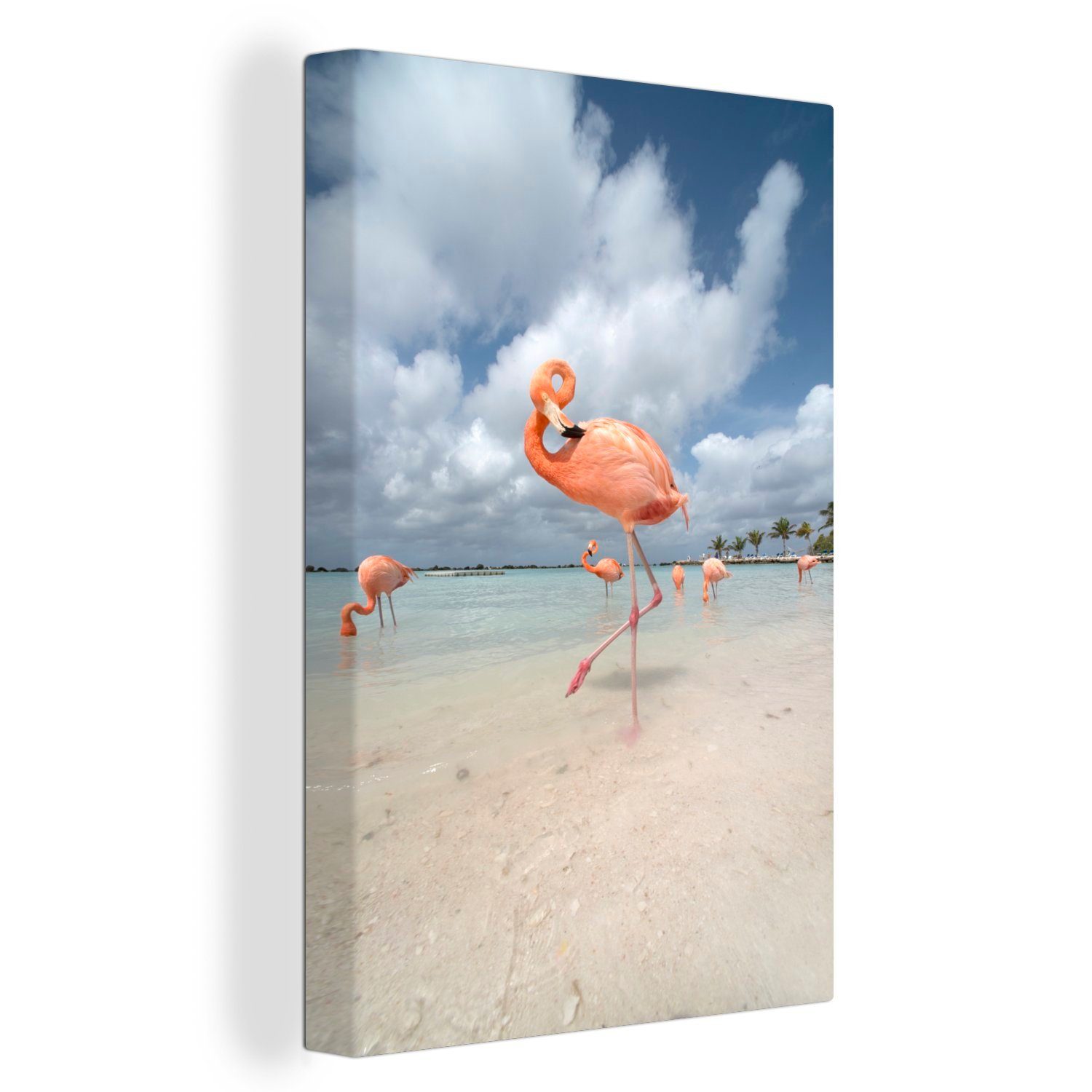 Flamingo fertig einem Leinwandbild Wasser, bespannt cm Zackenaufhänger, Gemälde, Fuß steht Ein Leinwandbild St), im mit OneMillionCanvasses® 20x30 inkl. (1