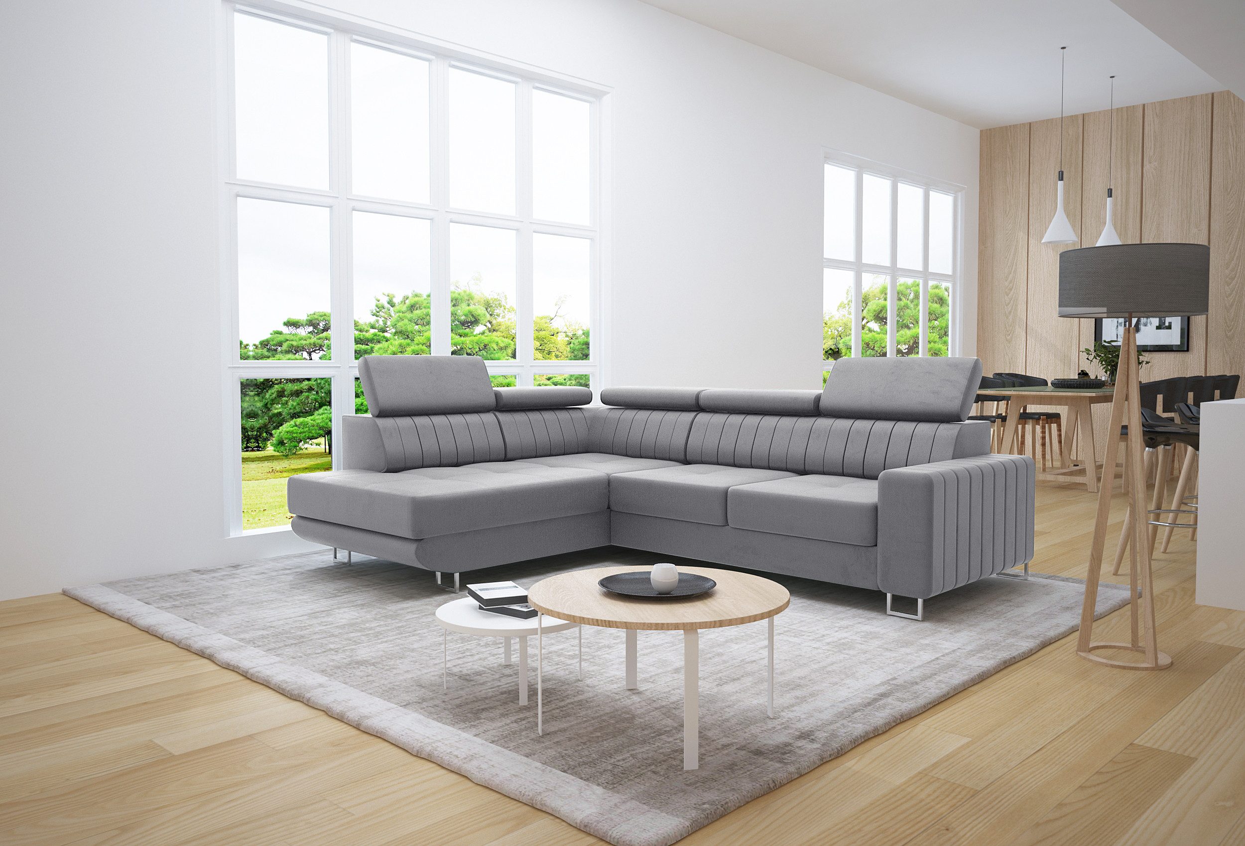 thematys Ecksofa Ecksofa mit Schlaffunktion und Bettkasten, L-Form, Samt, - mit verstellbaren Kopfstützen, – L-Form 250×183 cm – Schlafsofa mit Auszug