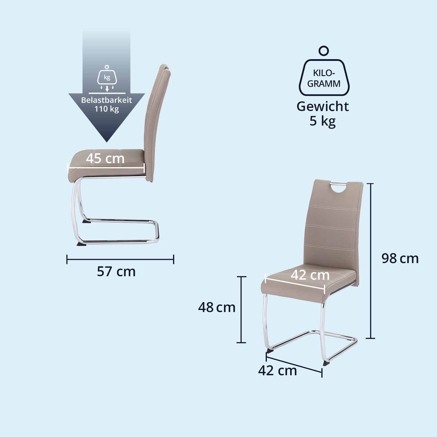 KHG Freischwinger Esszimmerstuhl Kunstleder Beige, bis 120 kg belastbar, Modern, gepolstert, eleganter Look, Metallgestell verchromt mit Griff