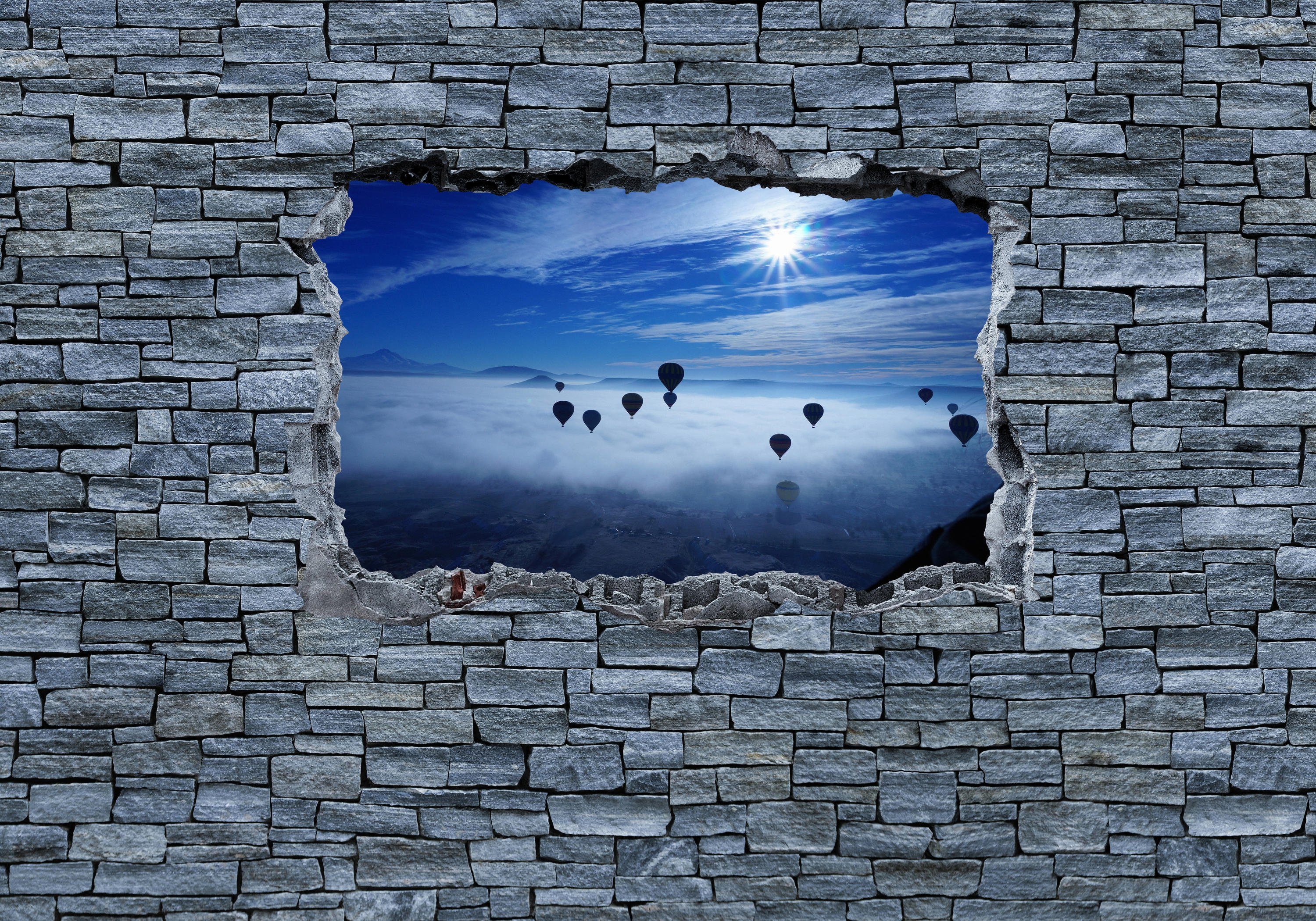 wandmotiv24 Fototapete 3D Luftballon Turkei - grobe Steinmauer, glatt, Wandtapete, Motivtapete, matt, Vliestapete