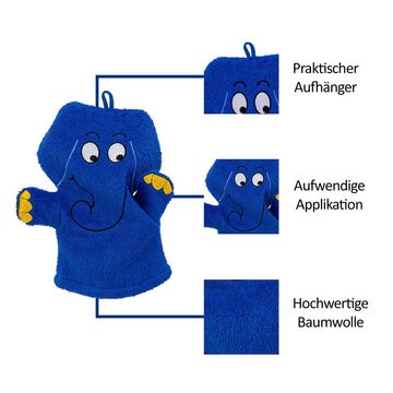 Smithy Handtuch Set Set 2-tlg. Kapuzenhandtuch und Waschhandschuh mit dem blauen Elefanten, Frottee, (Spar-Set, 2-tlg), Set aus Kapuzenhandtuch und Waschhandschuh