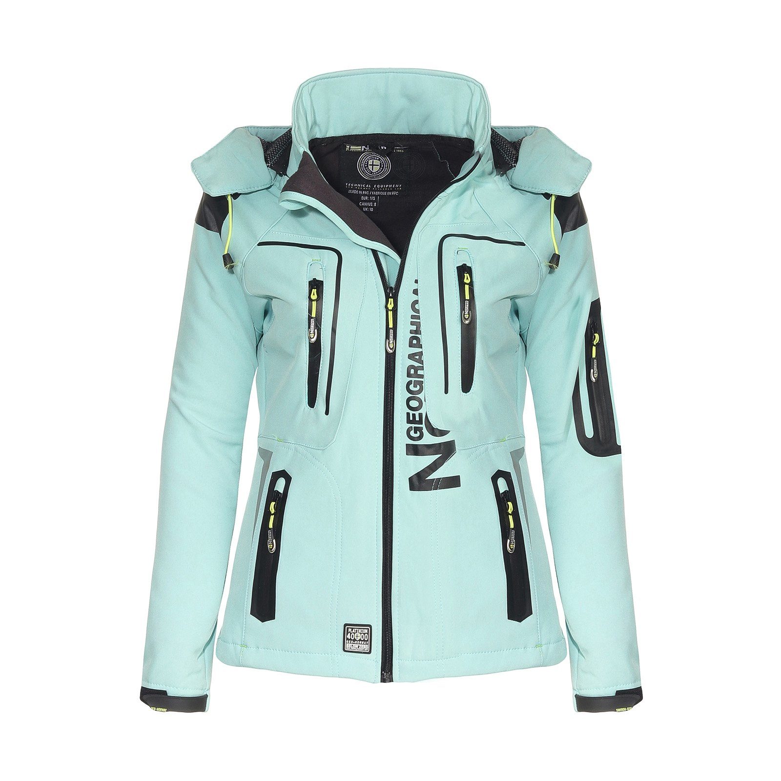 Norway G-Tansy Aqua Softshelljacke Reflektierende leyoley Softshelljacke Kapuze, Damen Kragen, Wetterschutz, abnehmbarer Geographical Geographical Norway mit by Applikationen hochschließender