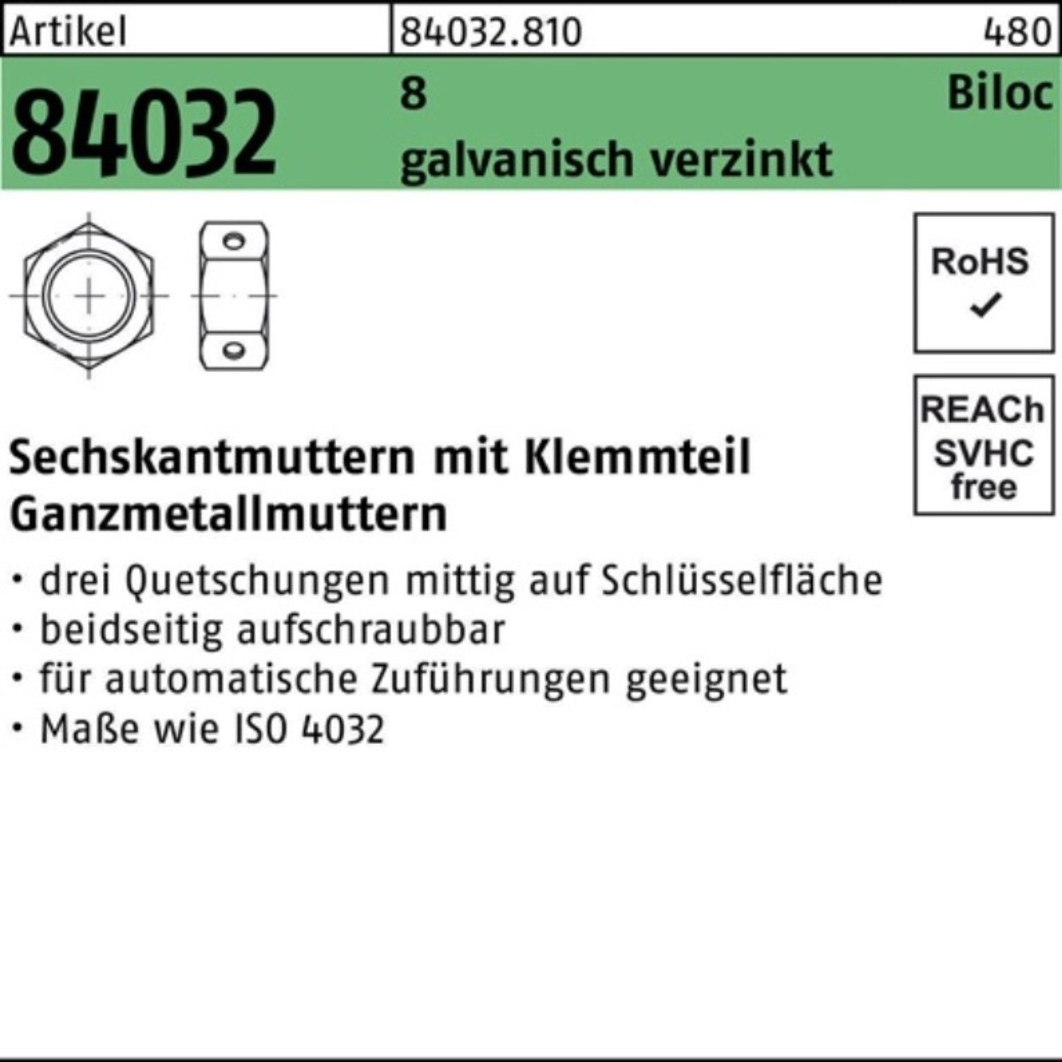 M12 Reyher Klemmteil 50 Pack Muttern 84032 8 Biloc Sechskantmutter 500er galv.verz. R