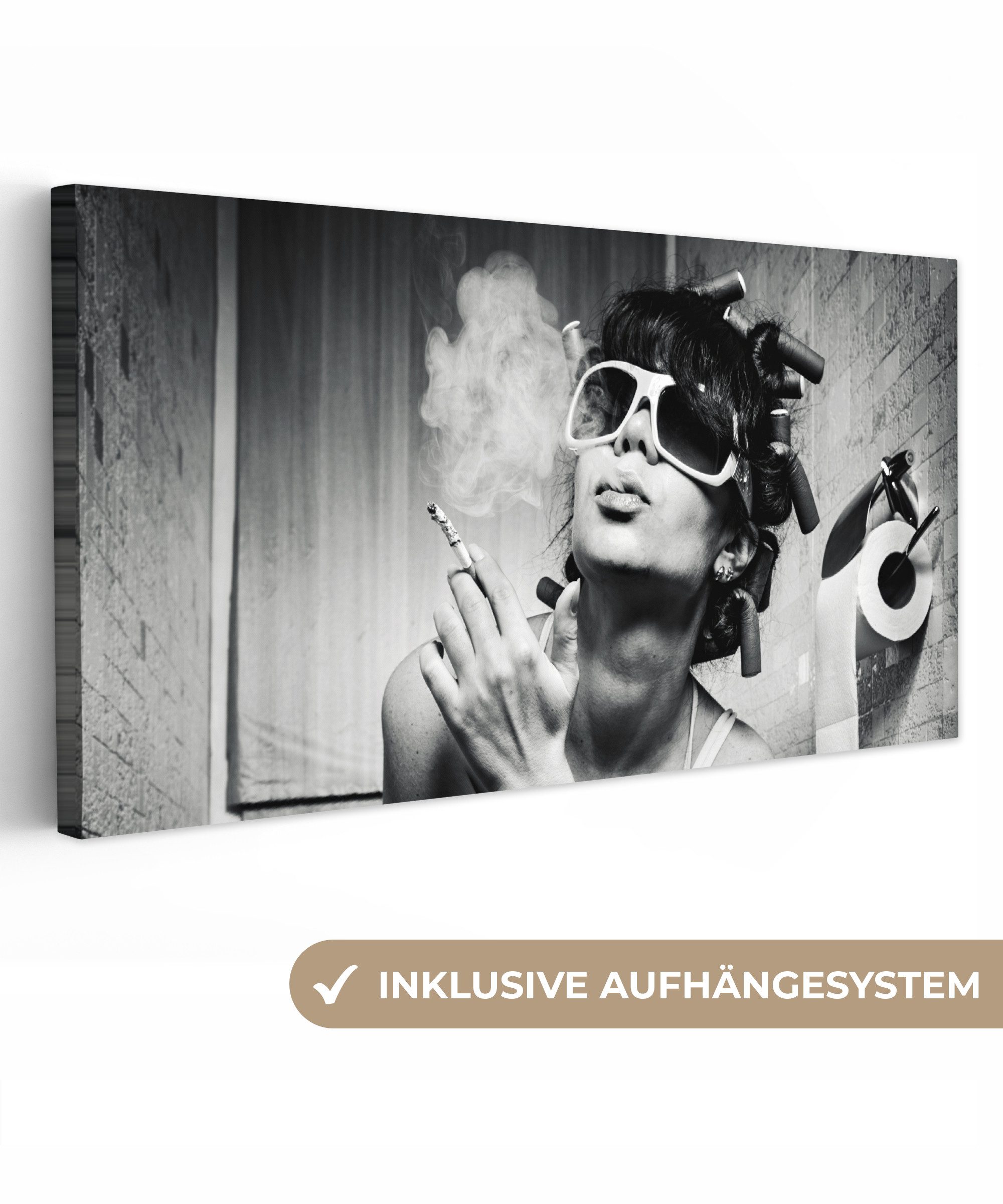 OneMillionCanvasses® Leinwandbild Panorama Frau - Vintage - Lockenwickler - Toilette - Zigarette, Fotodruck (1 St), Leinwand Изображения für Wohnzimmer Schlafzimmer 60x30 cm