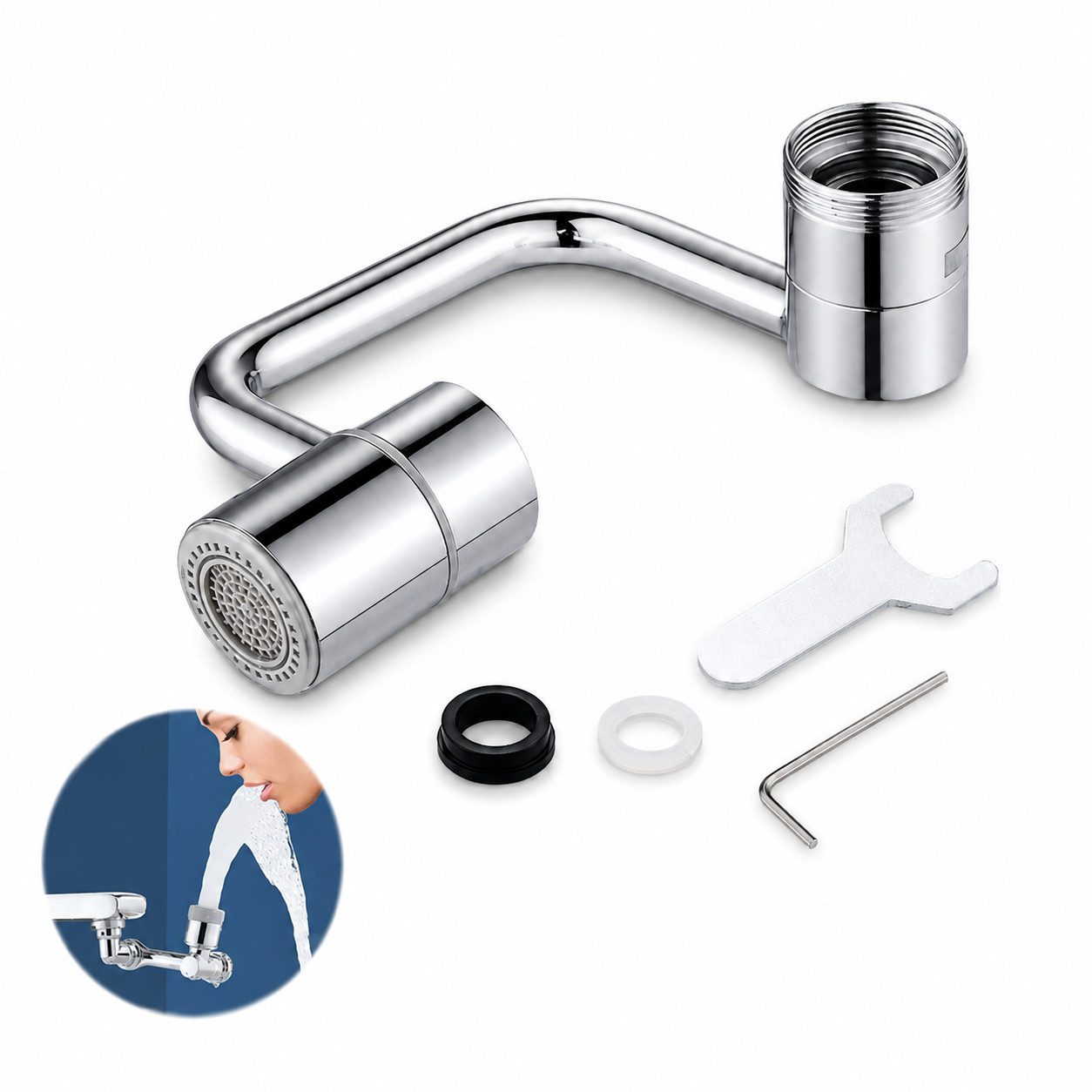 XEOOCE Strahlregler Wasserhahn-Verlängerung, 360° drehbar, für Küche & Bad, Silber, IG: M22, M24, (Einzelstück, Montageset), 360° verstellbar, universelle Passform, 2-in-1-Gewinde, platzsparend