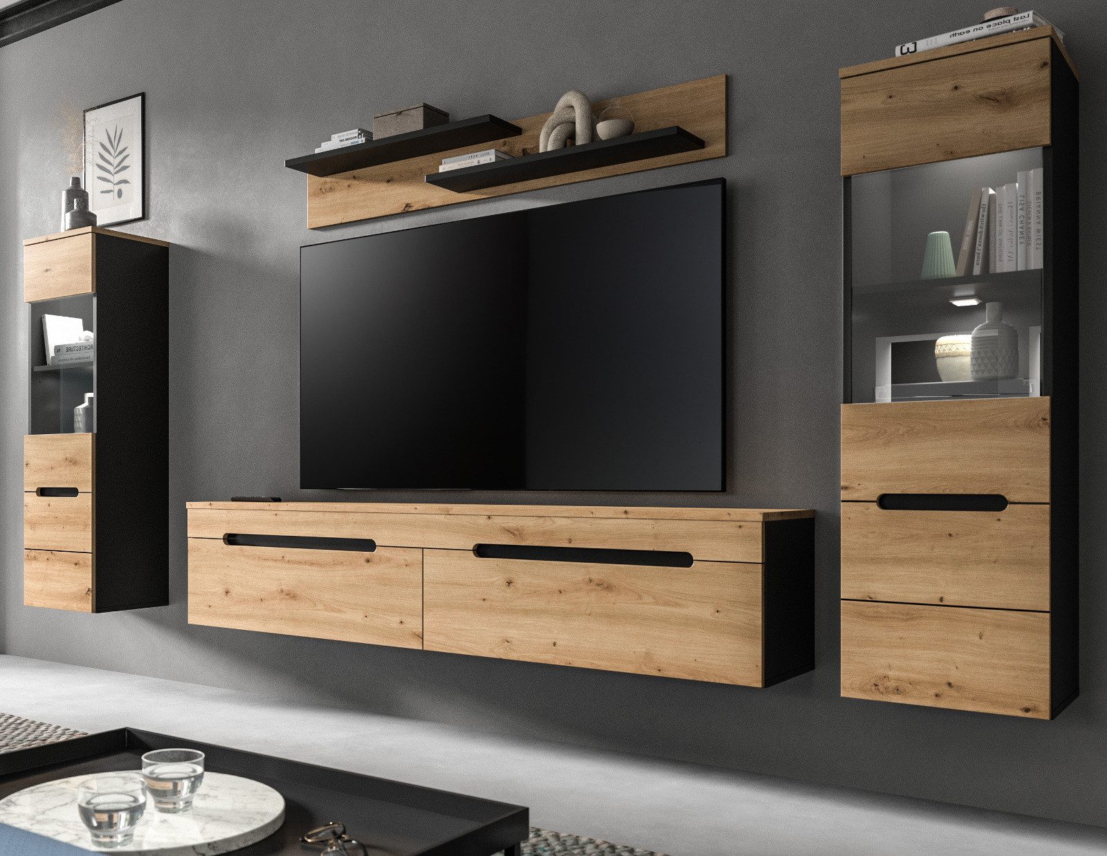 Inn.Furn Wohnwand Cooper, (Schrankwand in Eiche Artisan und Grau, 4-teilig, 270 cm), hängend oder stehend, Soft-Close – Bild 5 von 5