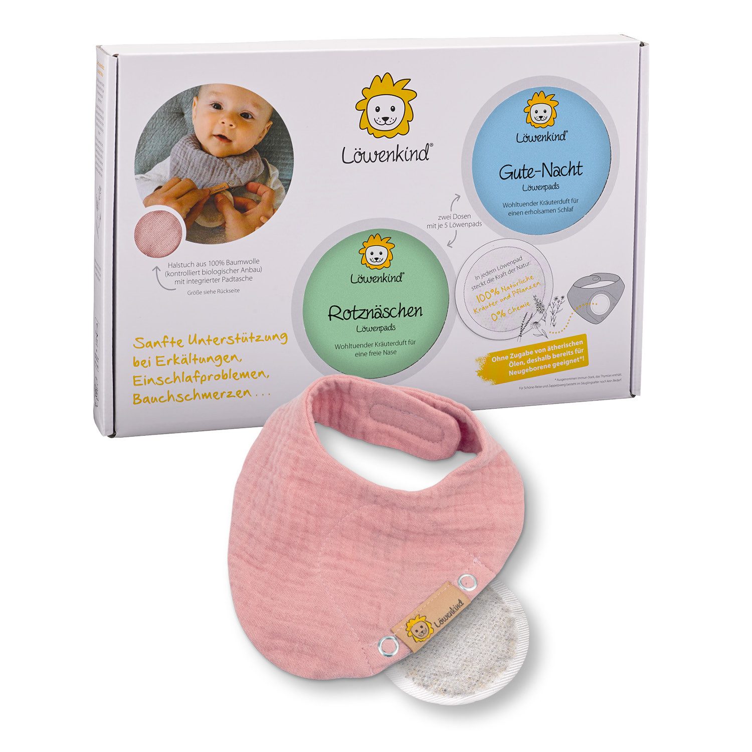Löwenkind Neugeborenen-Geschenkset Einsteigerbox mit Halstuch, Gute-Nacht- und Rotznäschen-Pads (Einsteiger-Set, 3-tlg., Musselin-Halstuch, Rotznäschen-Pad, Gute-Nacht-Pad) Sanfte Unterstützung aus der Natur
