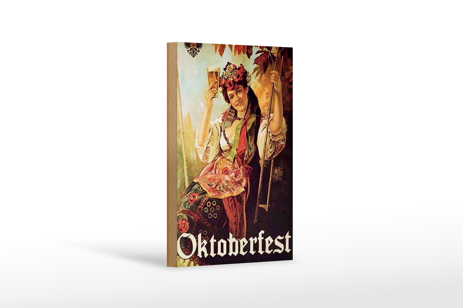 Holzbild Pin Up 12x18 cm Oktoberfest Frau mit Bier