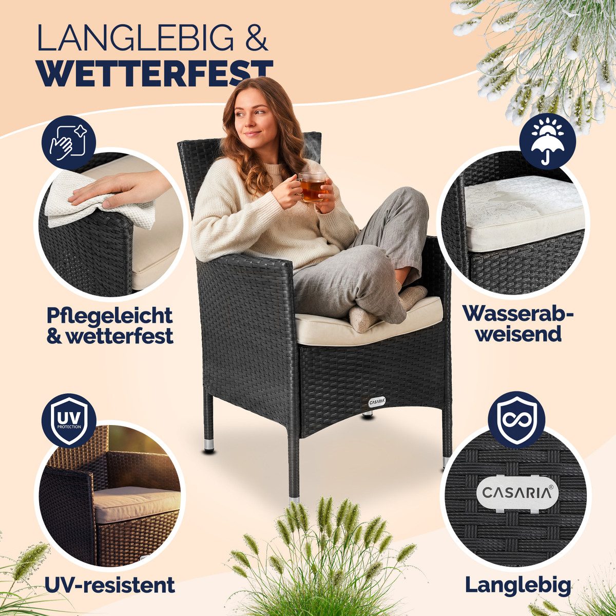 Casaria Gartenstuhl (2 St), Polyrattan 2er Set Stapelbar 7cm Auflagen 160kg Belastbarkeit