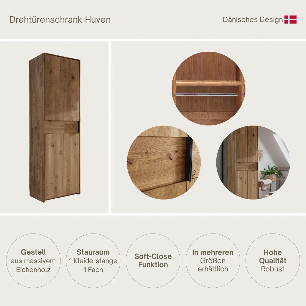 Home affaire Kleiderschrank Huven, Kleiderschrank mit viel Stauraum, aus Massivem Eichenholz Scandi, 218cm Hoch, 1 Kleiderstange & 1 Fach, Bügelgriff & Soft-Close