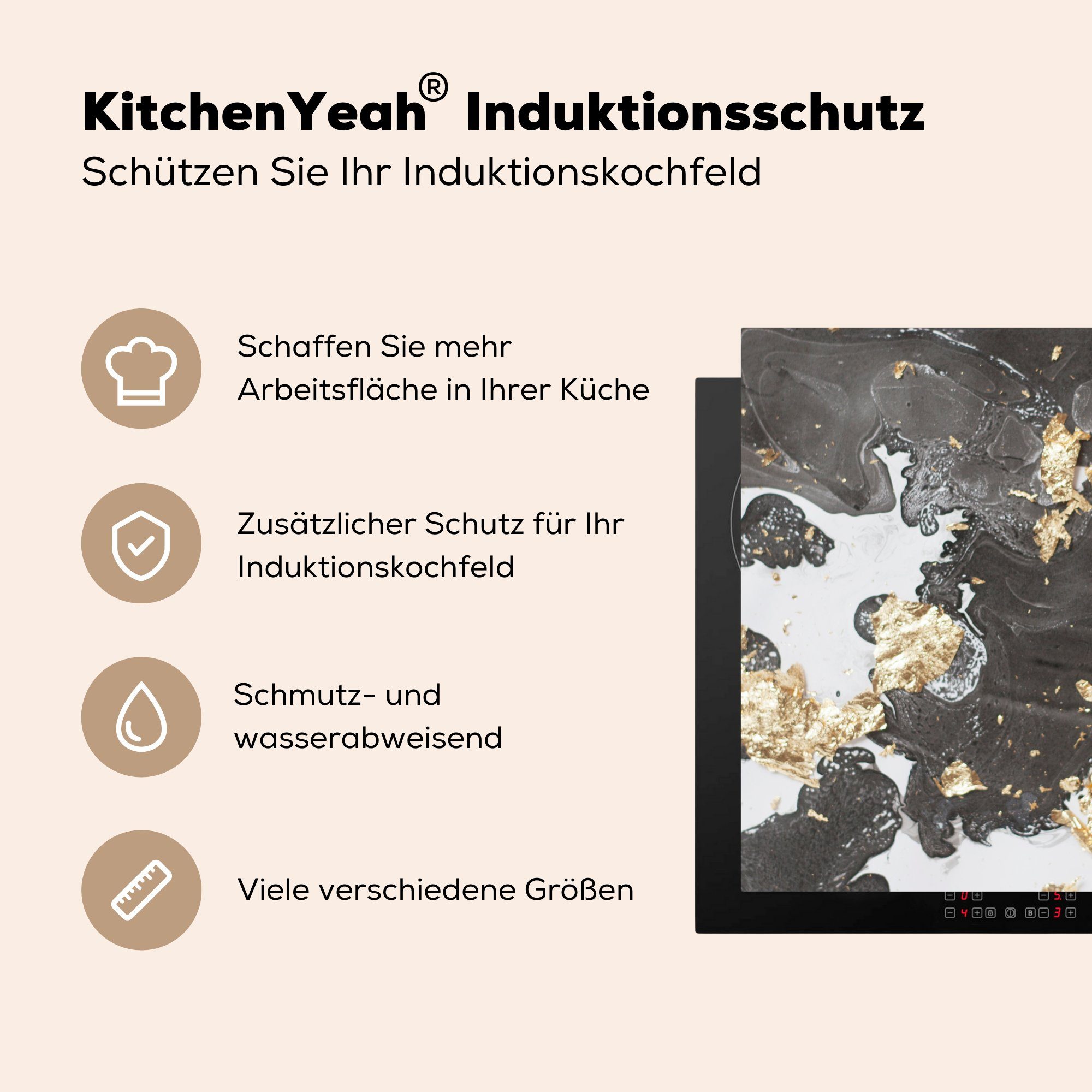 MuchoWow Herdblende-/Abdeckplatte Ceranfeldabdeckung, küche 78x78 tlg), (1 Muster, Schwarz für - cm, Vinyl, Arbeitsplatte Weiß - - Marmor