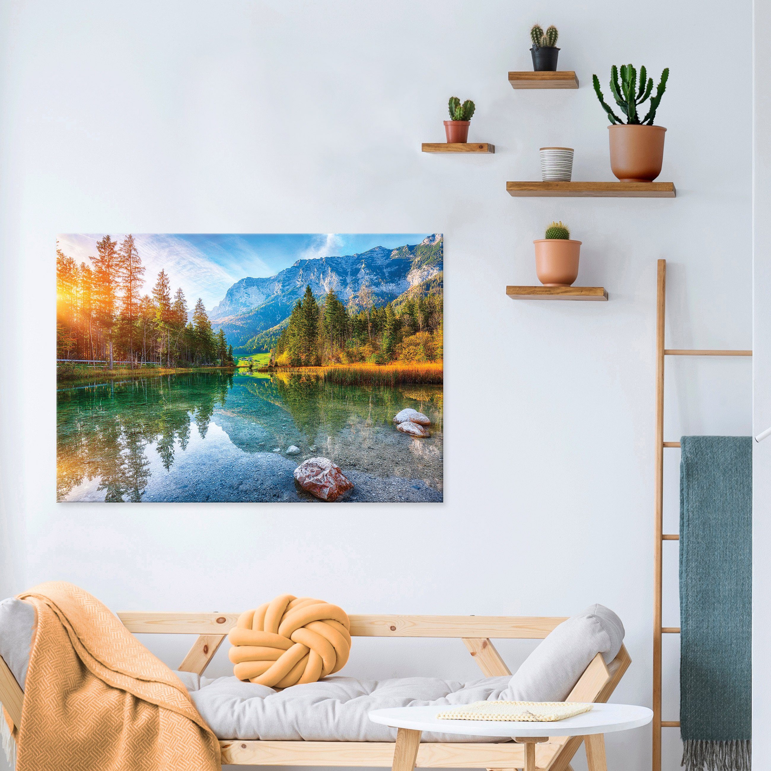 Modern, Wald XXL Kunst (Einteilig), Aufhängefertig Leinwandbilder Natur Leinwandbild Landshaft Wandbild Berge Wallarena See
