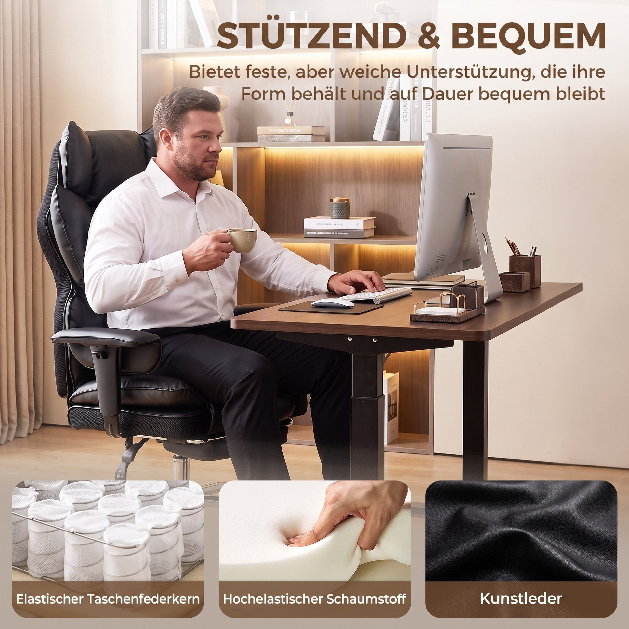 HOMCOM Bürostuhl Chefsessel mit Taschenfederkern (Set, 1 St), 135° neigbar, Fußstütze, bis 180 kg – Bild 4 von 5