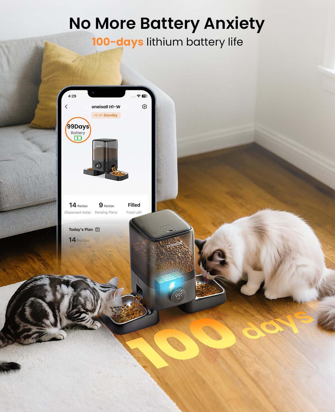 Purpurra Katzen-Futterautomat Oneisall Kabellos mit 100-Tage-Betriebszeit APP-Steuerung, 3L /5L
