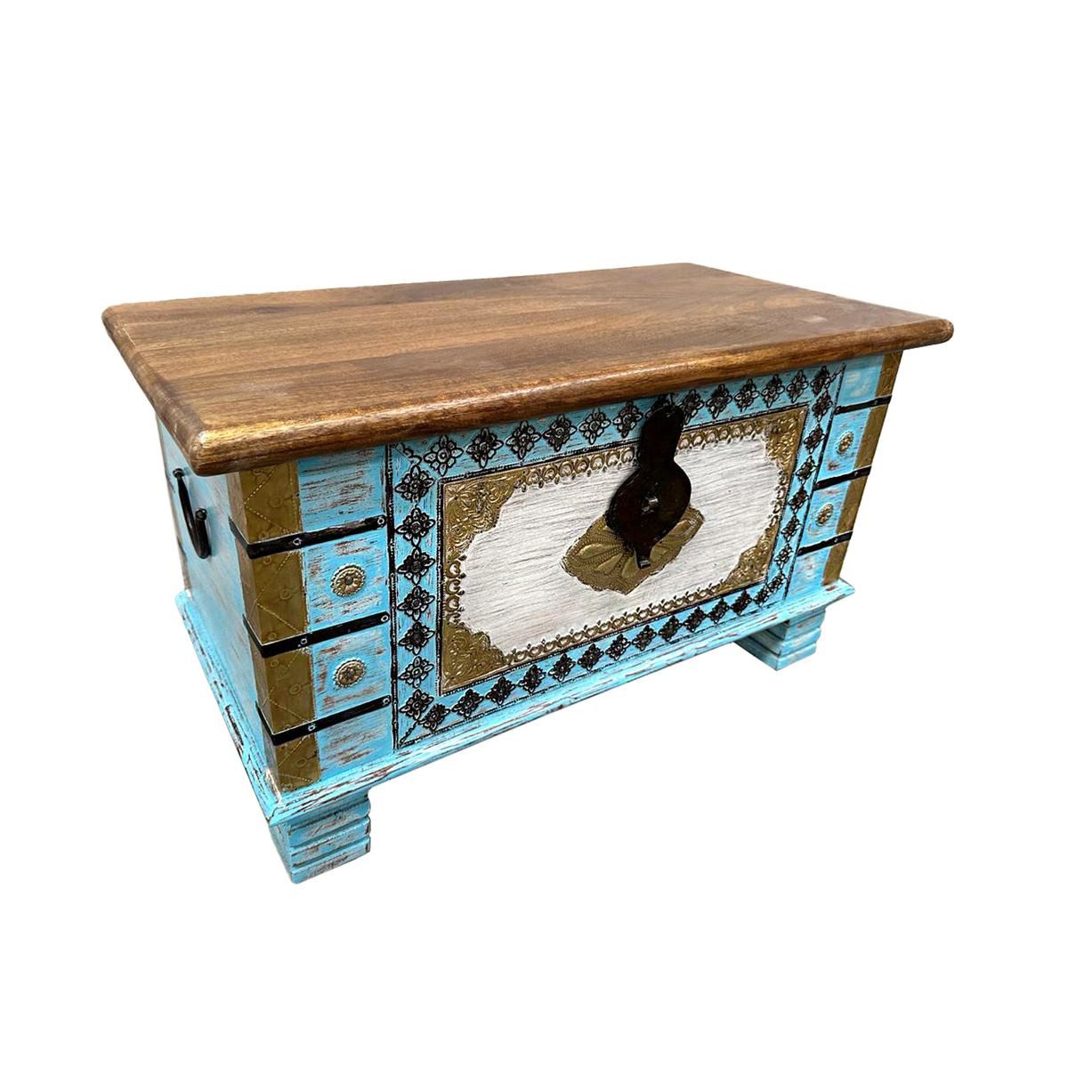 Oriental Galerie Truhe Indische Truhe Türkis 80cm (1 St), Beistelltisch, Holztruhe, Antik, Wäschetruhe, Möbeltruhe, Holzkiste