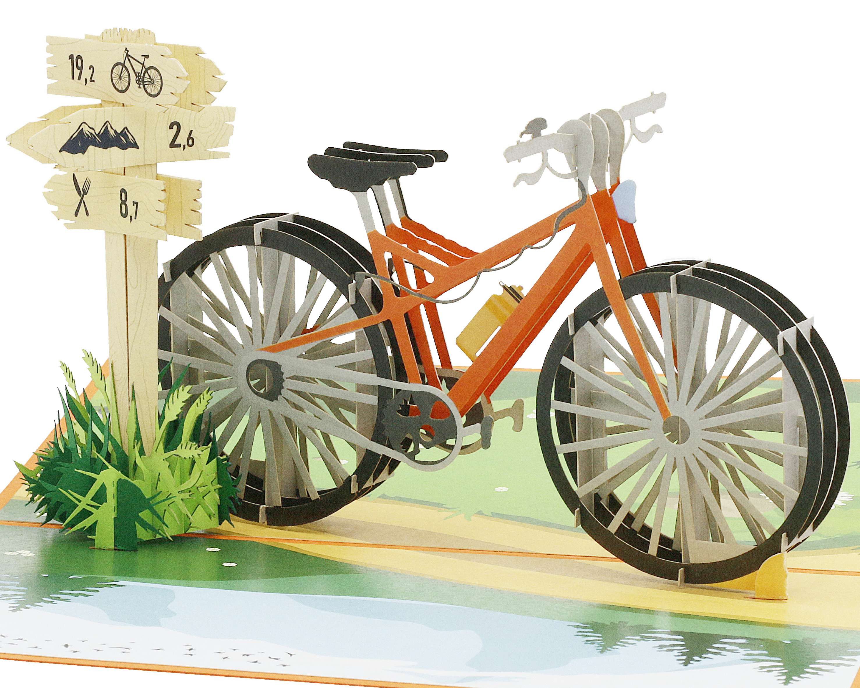 design3dkarten Glückwunschkarte Pop-up Karte Fahrrad – 3D Mountainbike mit Wegweiser, mit herausnehmbarem Einleger, Umschlag und Schutzhülle