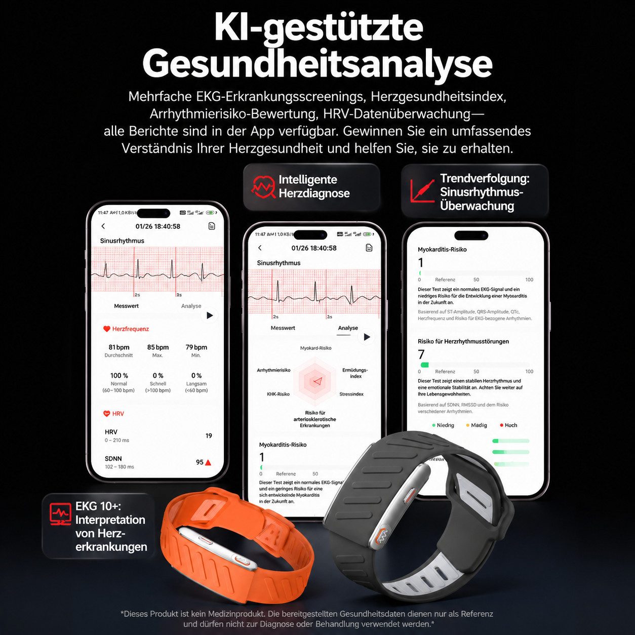 Toomoke Fitness-Tracker Fitness-Tracker Smart Band ohne Display Herren Damen Metall (Fitness Armband, 1-tlg, Mit Extra Armband aus Nylon, Aktivitäts Emotions und Schlaftracker Wasserfest), Akku +1 Monat