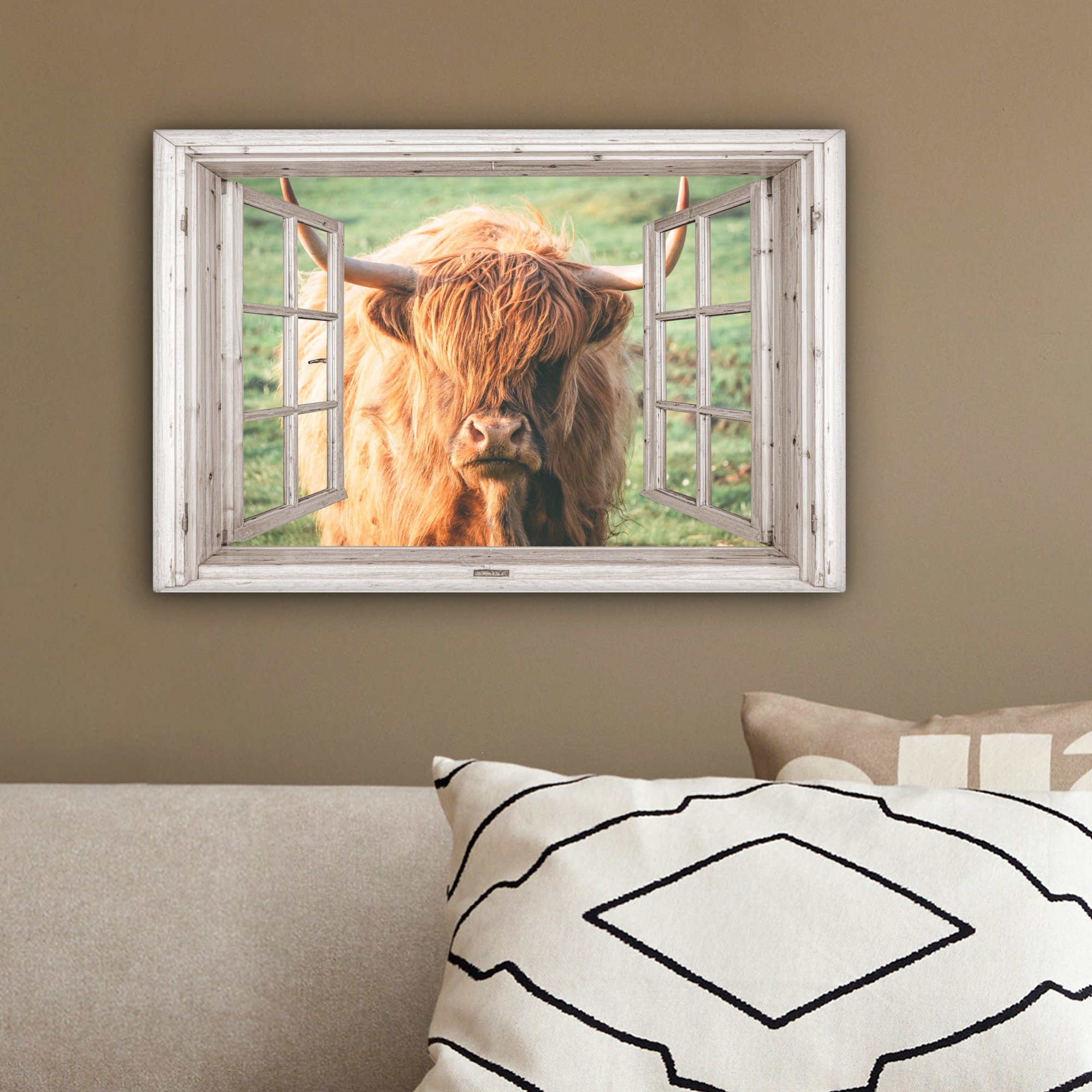 OneMillionCanvasses® Leinwandbild Schottischer Highlander - - Wandbild Tier, Fenster Leinwandbilder, St), Aufhängefertig, - 30x20 (1 cm Wanddeko, Ansicht