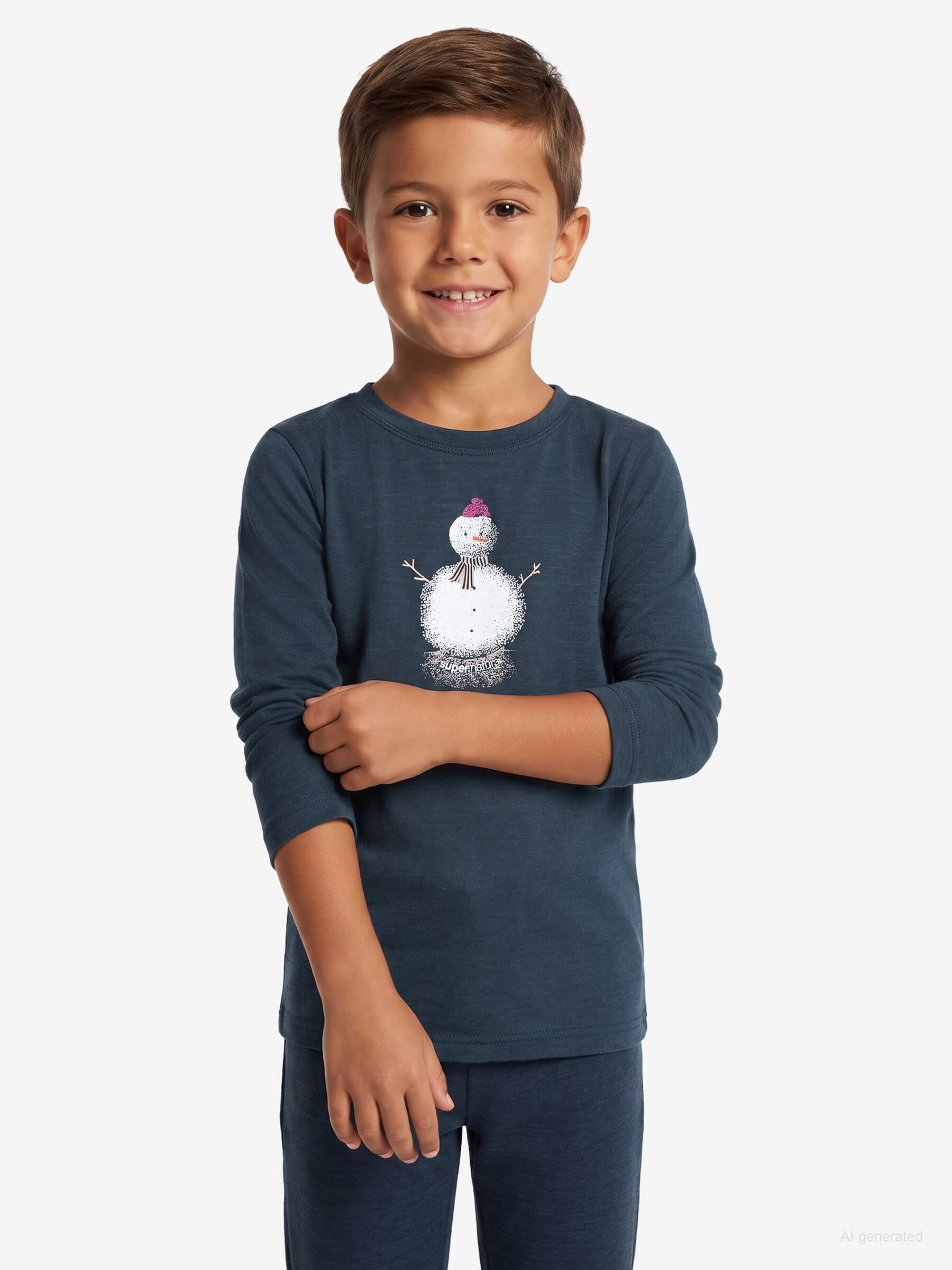 SUPER.NATURAL Langarmshirt für Kinder,Merino K SNOWMAN LS mit Aufdruck, autmungsaktiv