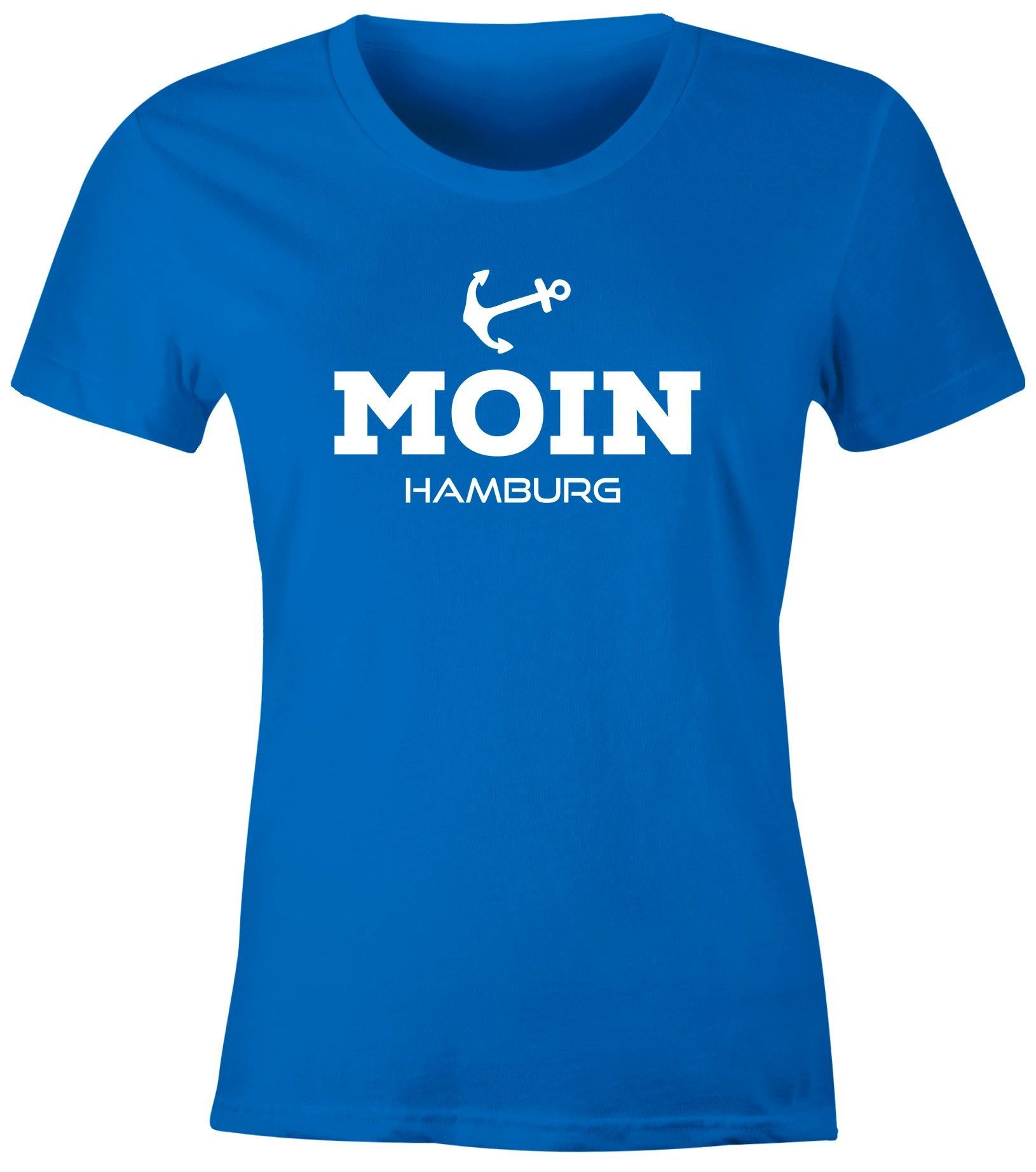 MoonWorks Print-Shirt Damen T-Shirt Moin Hamburg Anker maritime Damen Slim Fit Moonworks® mit Print blau