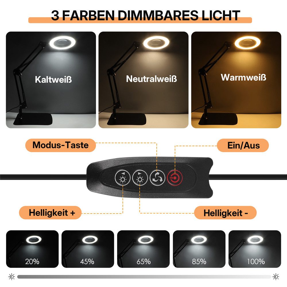 i@home Lupenlampe 2-in-1-Lupe mit Licht und Stativ, LED wechselbar, 10-fach, mit großem Fuß und Klemme, stufenlos dimmbare 3-Farben-Lupe