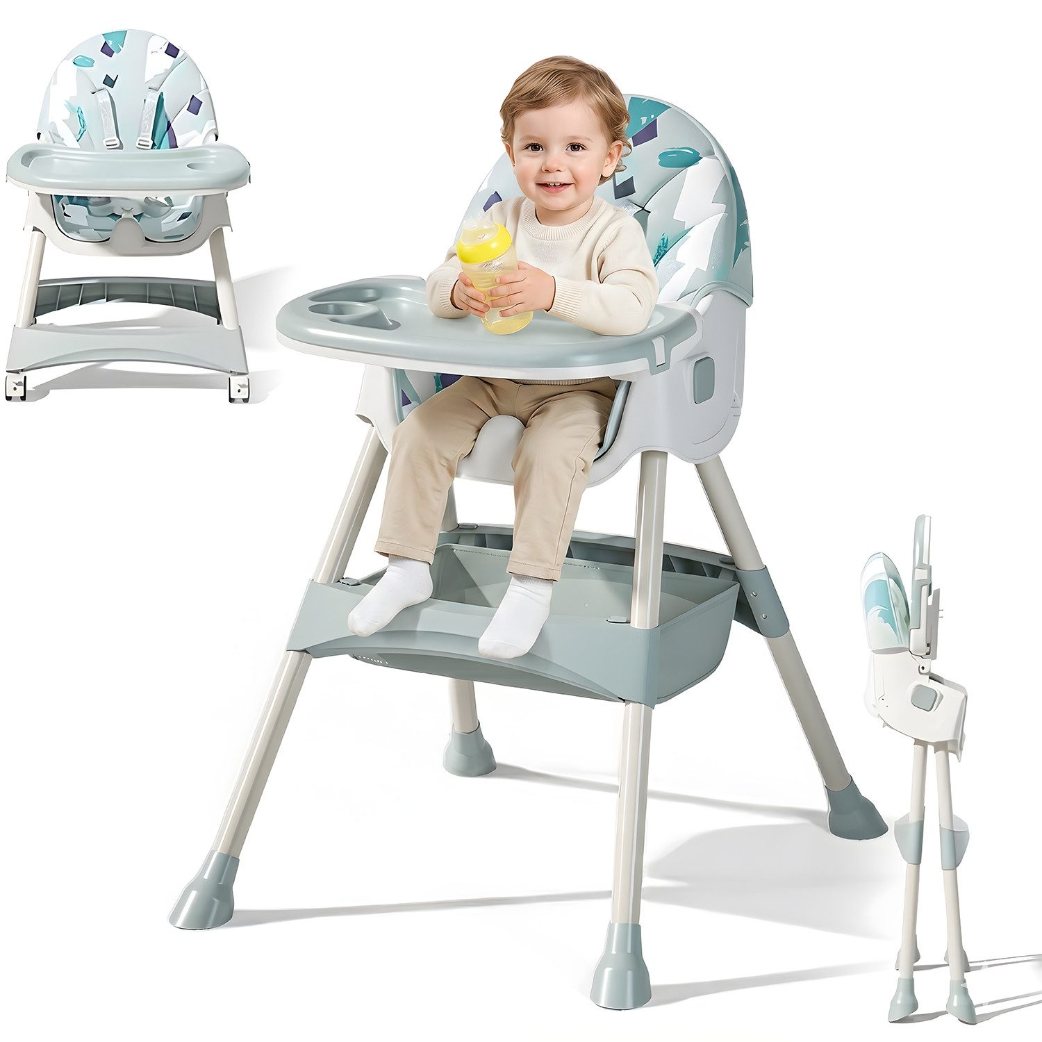 HEYHIPPO Kinderklappstuhl Hochstuhl Babys ab 6 Monaten Klappbarer Esszimmerstuhl mit Esstablett (Geeignet für Babys im Alter von 0–6 Jahren. 91 × 75 × 63 cm), Kindersitz verstellbarer Rückenlehne,abnehmbar und herausnehmbar,grün