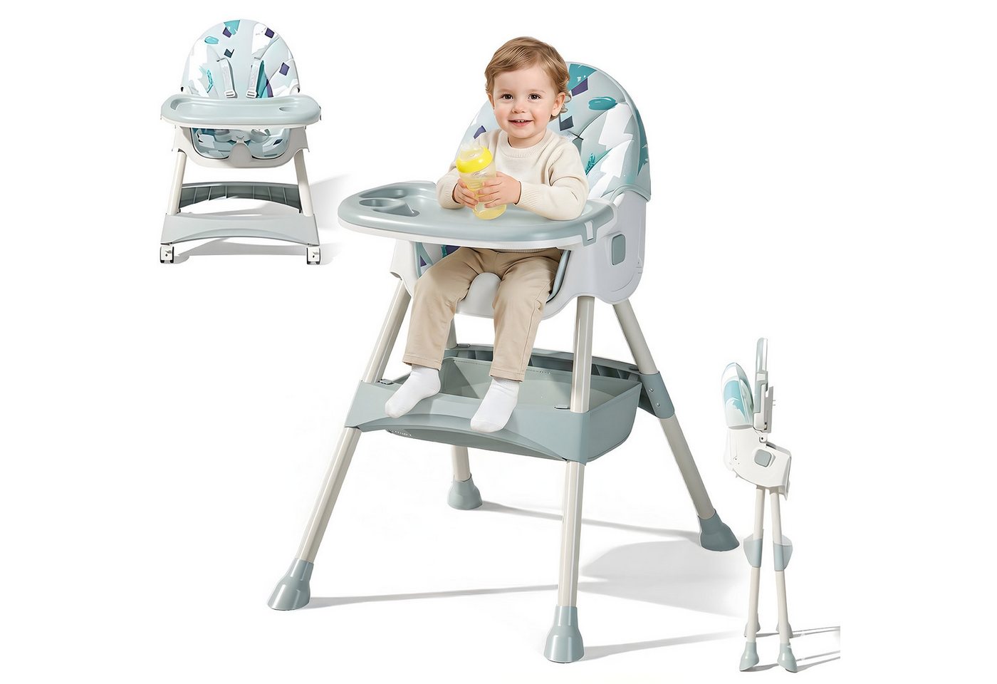 HEYHIPPO Kinderklappstuhl Hochstuhl Babys ab 6 Monaten Klappbarer Esszimmerstuhl mit Esstablett (Geeignet für Babys im Alter von 0–6 Jahren. 91 × 75 × 63 cm), Kindersitz verstellbarer Rückenlehne,abnehmbar und herausnehmbar,grün