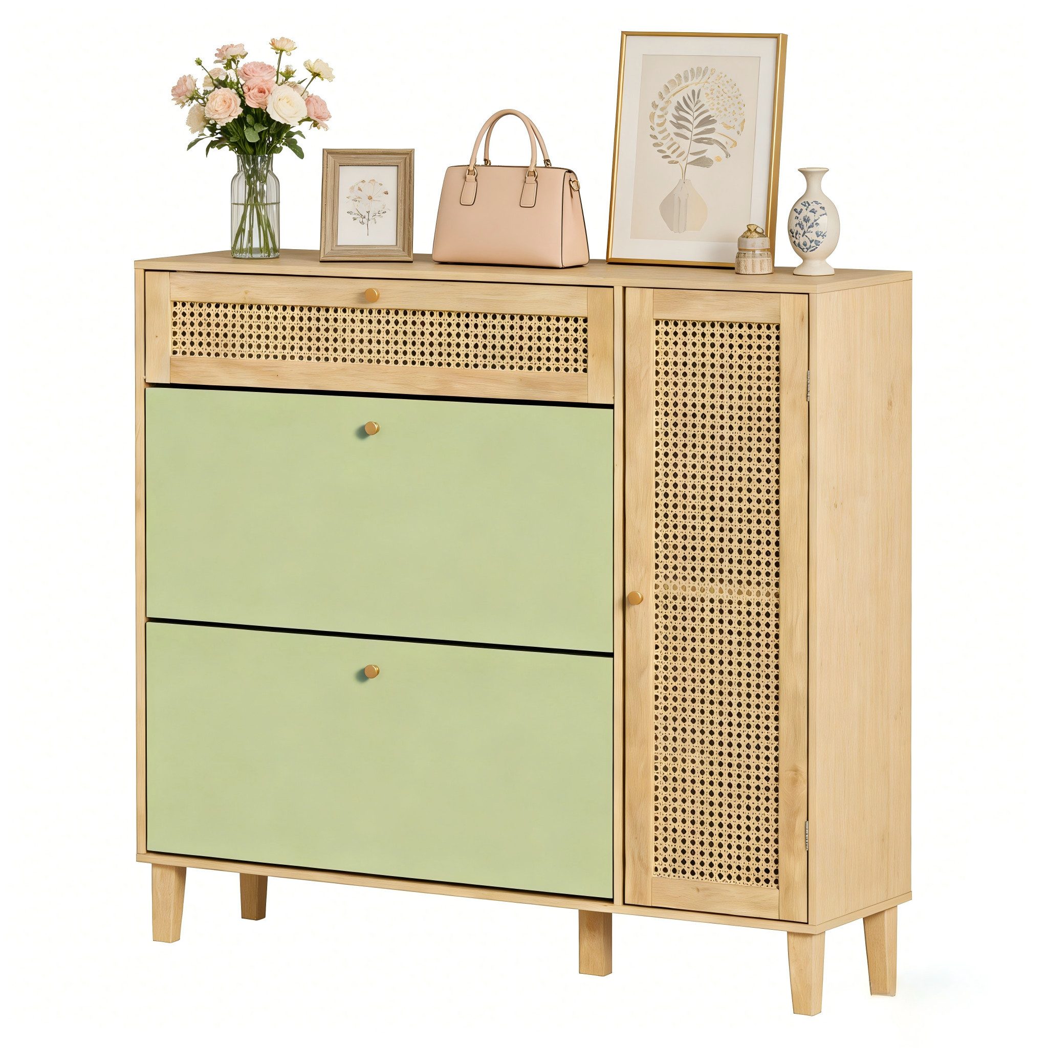 UEV Schuhschrank mit 4 Klappen 107x24x105cm, Schuhkipper schmal ratten platzsparend (Packung, Schuhkommode im Flur) verstellbare und herausnehmbare Trennwände für Verschiedene Schuhtypen