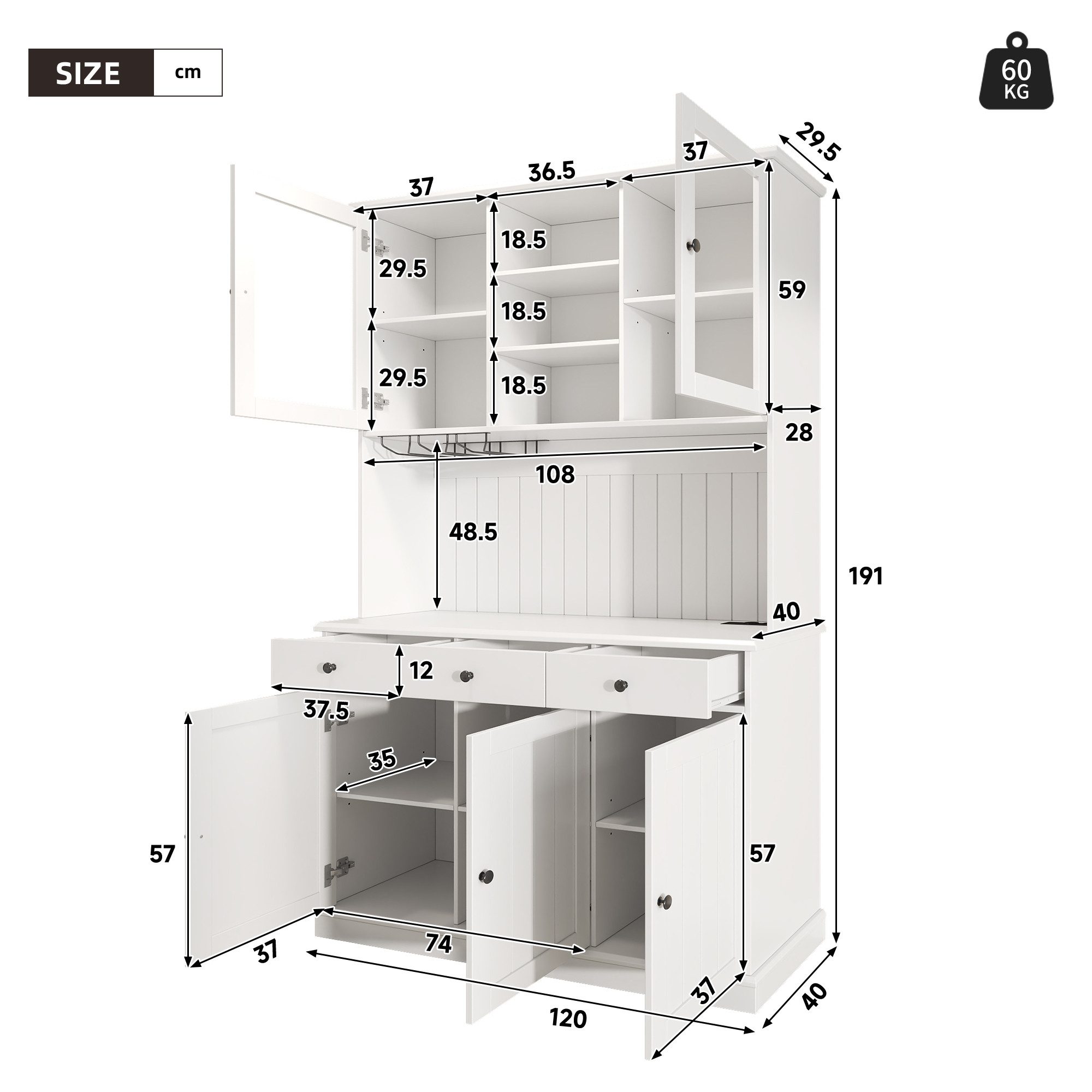 KLAM HOME Küchenbuffet Weißer Esszimmer-Hochschrank mit Glastüren und Ladeanschlüssen (Buffetschrank 120×40×191cm mit Steckdosen, USB-A & USB-C) Stauraumreicher Küchenschrank mit verstellbaren Glasböden