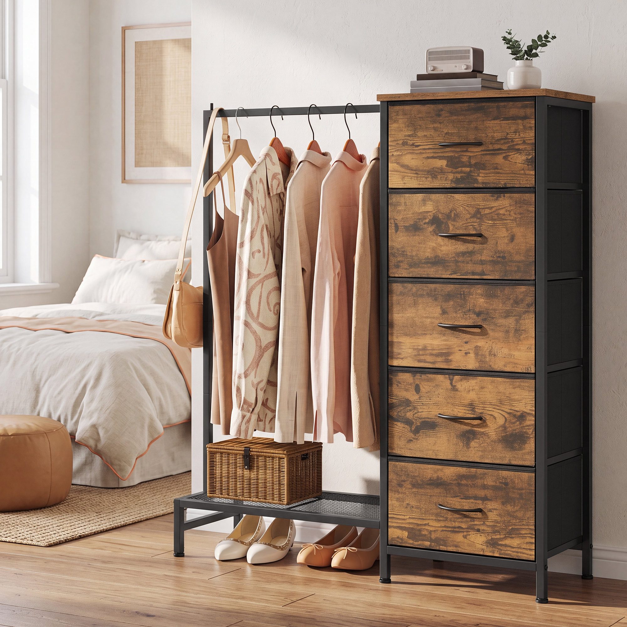 SONGMICS Kleiderständer mit Kleiderstange und Schuhablage, für Schlafzimmer, Flur, Garderobenständer mit 5 Stoffschubladen, 96,2 x 30 x 117,7 cm