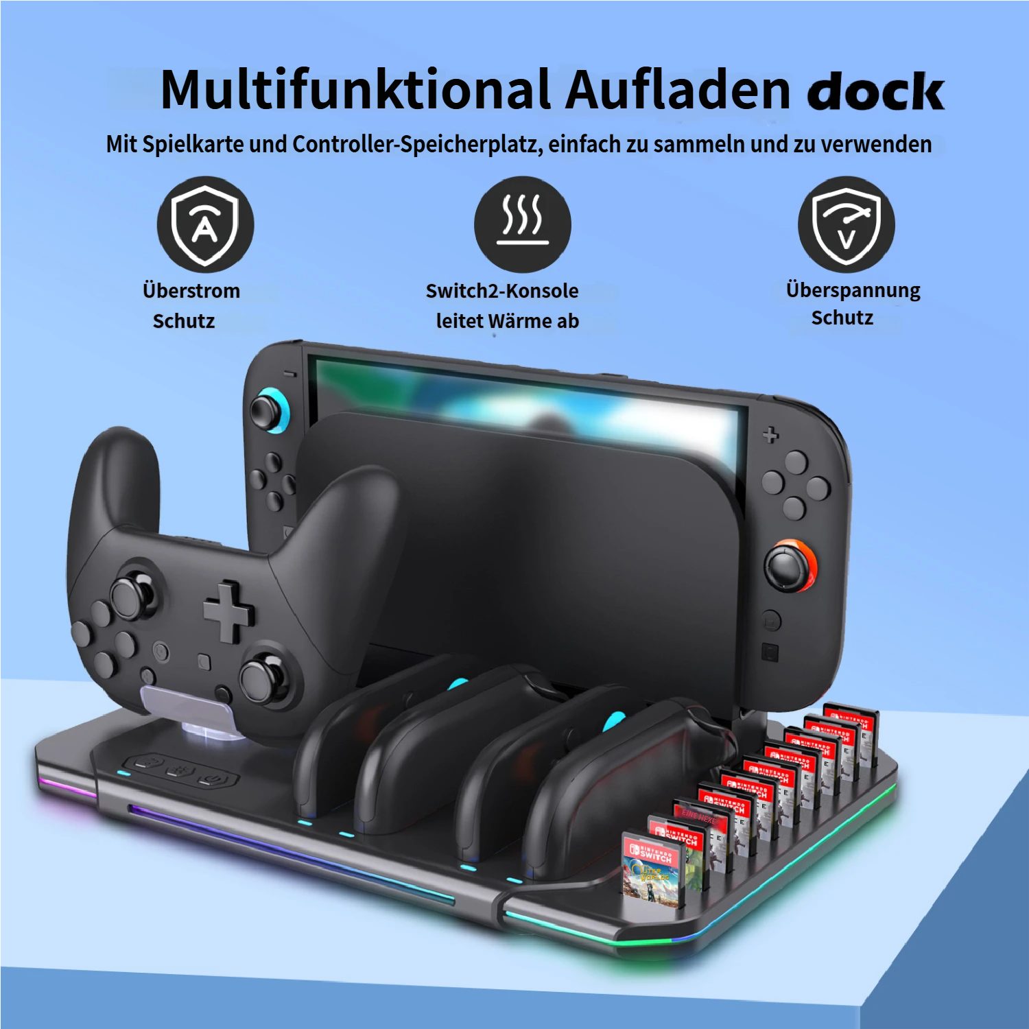 KINSI Switch 2 Ladedock mit Kühlventilator & RGB Beleuchtung Controller-Ladestation (Für Switch 2, für 4 Joy-Cons + Pro Controller + Spielekartenhalter) – Bild 3 von 5