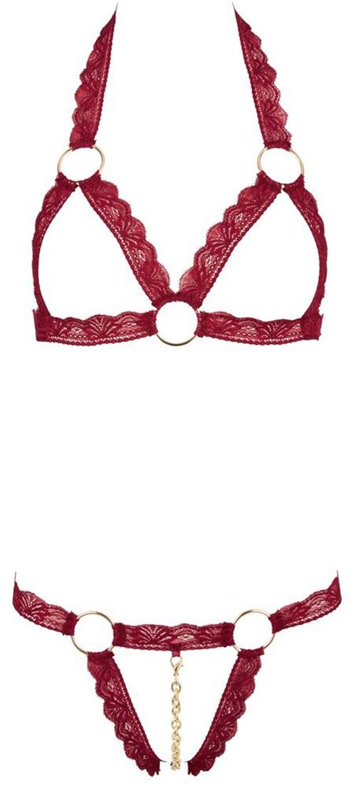 Cottelli Collection Set: Bügelloser BH Ouvert Dessous-Set mit Ketten BH und String - rot (2-tlg) mit offenem Schritt und Cups