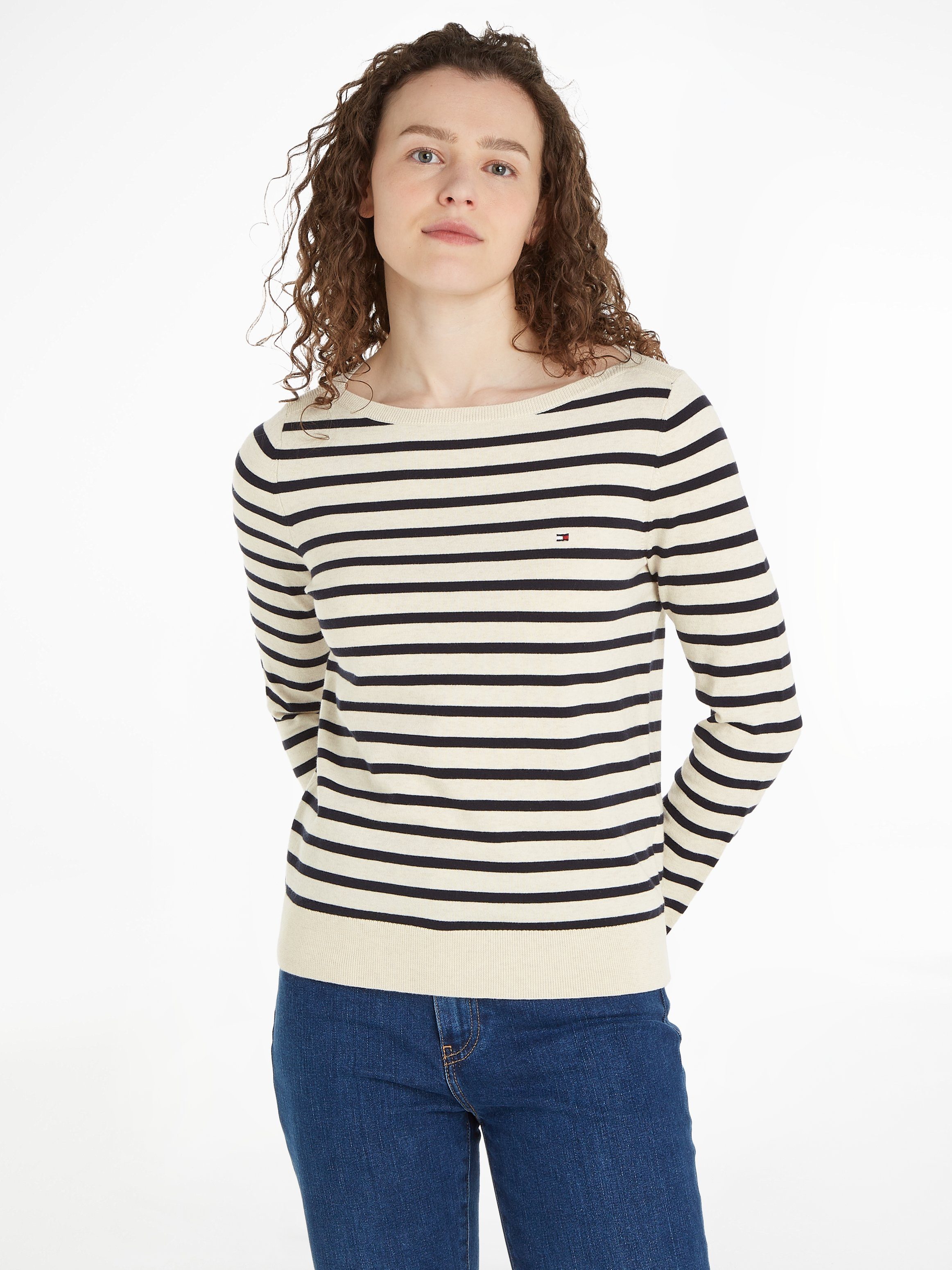 Tommy Hilfiger Strickpullover CO JERSEY STITCH BOAT-NK SWEATER mit Tommy Hilfiger Logo-Flag am Ärmel