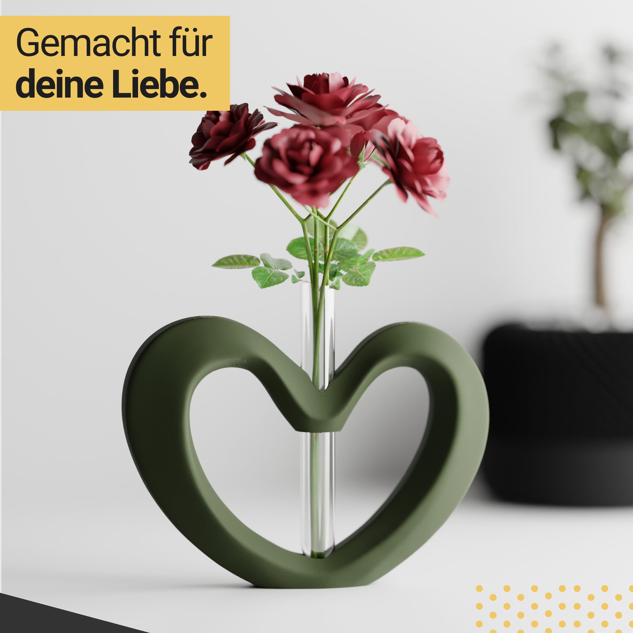Shapes - Decorations Dekovase Herzvase, Deko in Herzform mit Glasröhrchen, Valentinstag Geschenk, Glasröhrchen für einzelne Blume