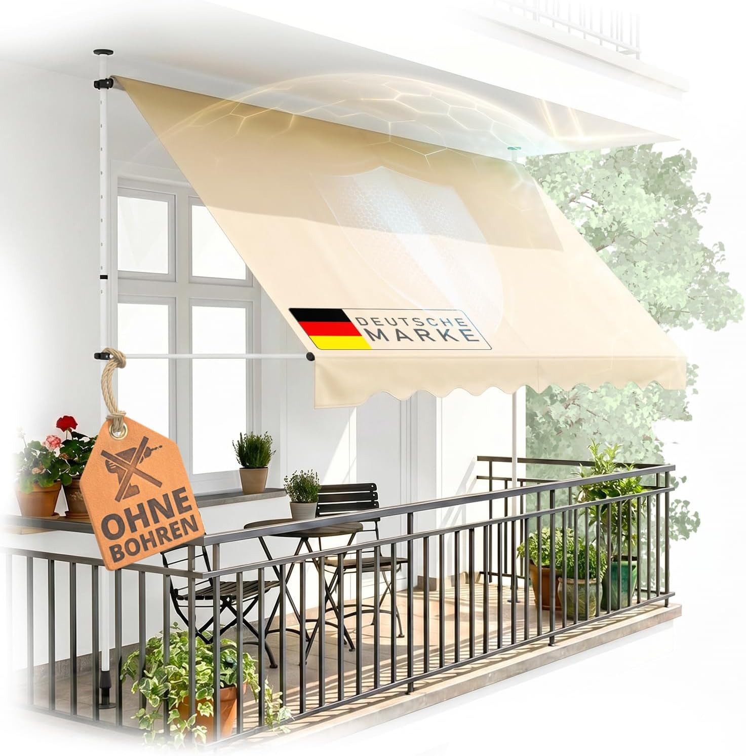 Heimfleiss® Klemmmarkise Klemmmarkise Balkon ohne Bohren Sonnenschutz UPF 50+ Klemmmarkise 250 cm breit, beige, höhenverstellbar