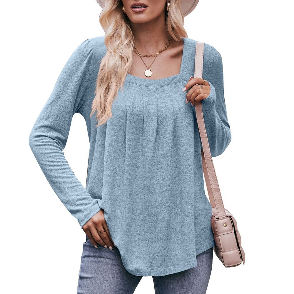 carefully quadratischem Puffärmeln und selected Hellblau Langarmshirt Langärmliges mit Damen-T-Shirt Ausschnitt