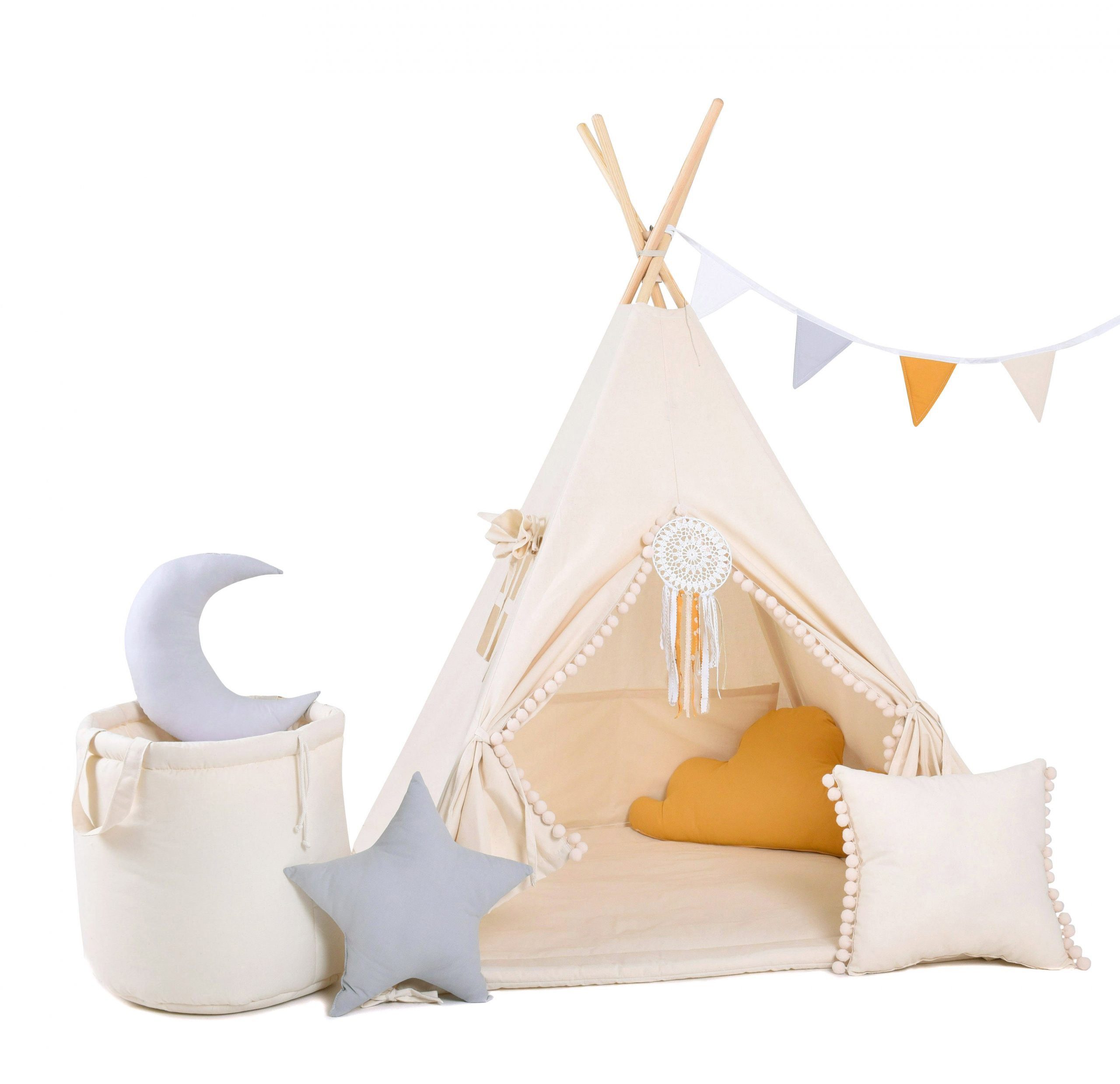 Rainbow Kids Tipi-Zelt Kinderzelt Spielzelt Teepee mit Fenster, Personen: 2 (mit Zubehör, mit 4 Kissen, Matte, Spielzeugkorb und Wimpelkette), Made in Europe